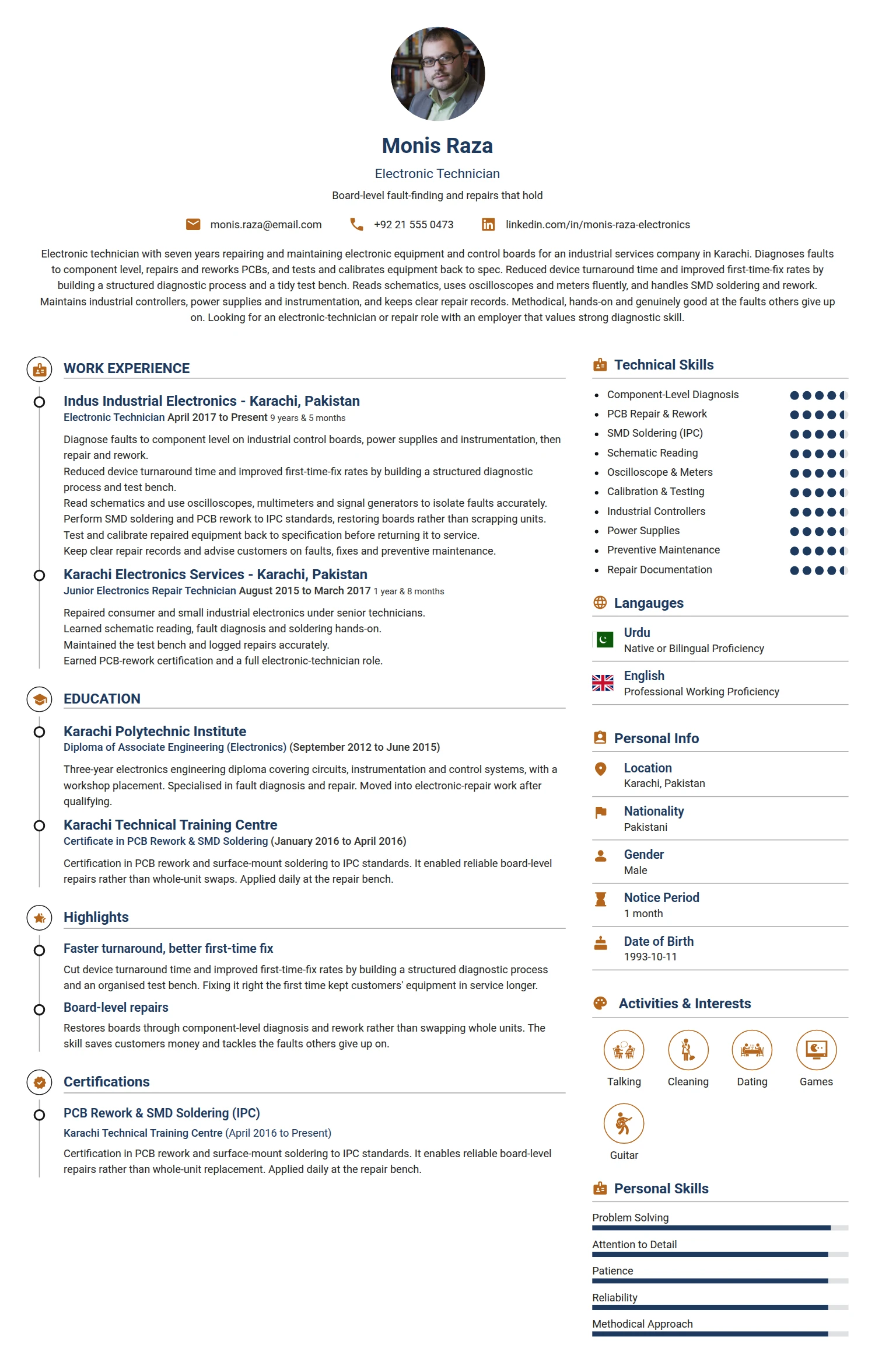 Electronic Technician resume example — a professionally formatted Maintenance/Repair CV sample