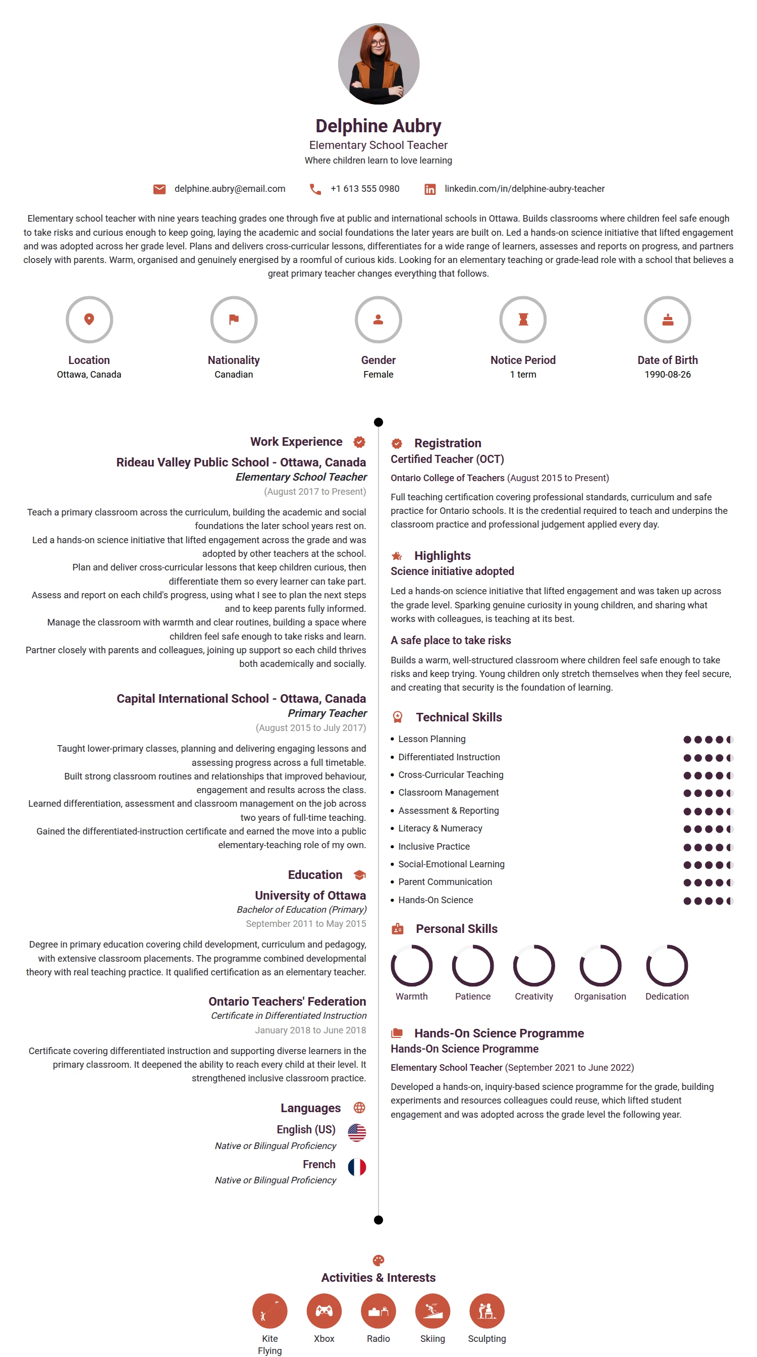 Elementary School Teacher resume example — a professionally formatted Education CV sample