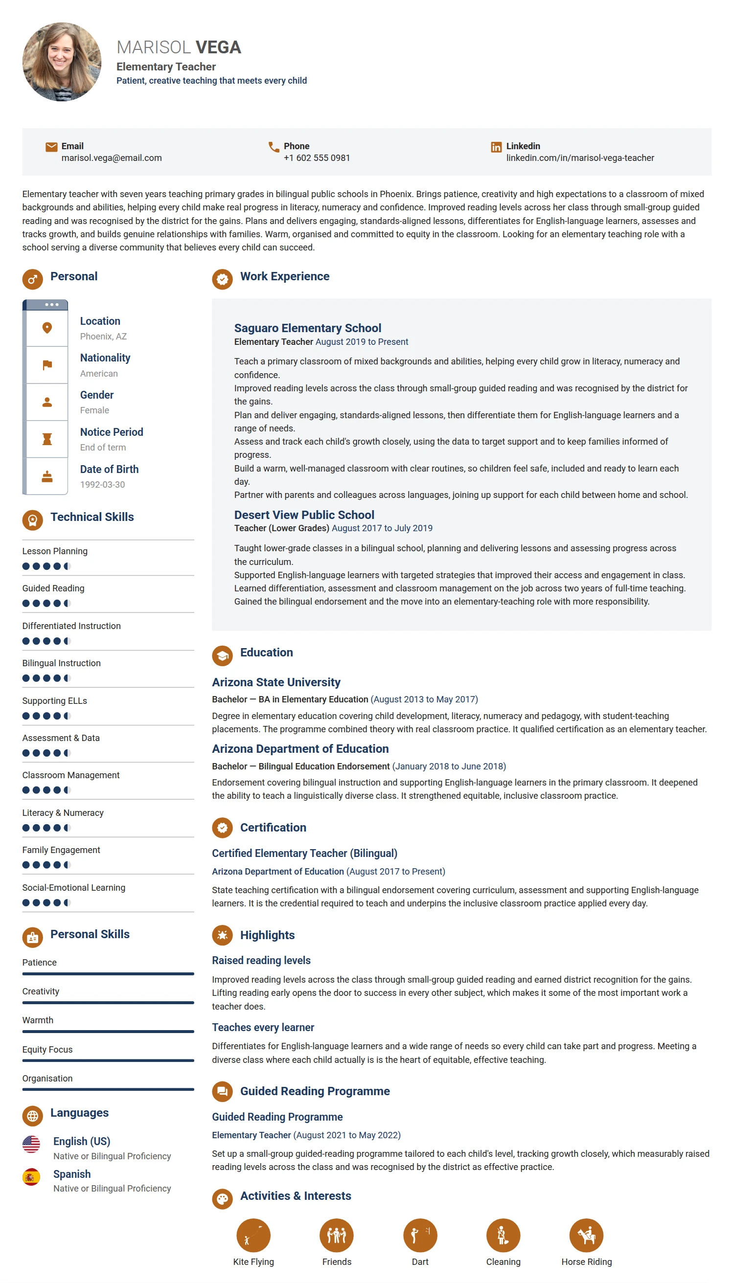 Elementary Teacher resume example — a professionally formatted Education CV sample