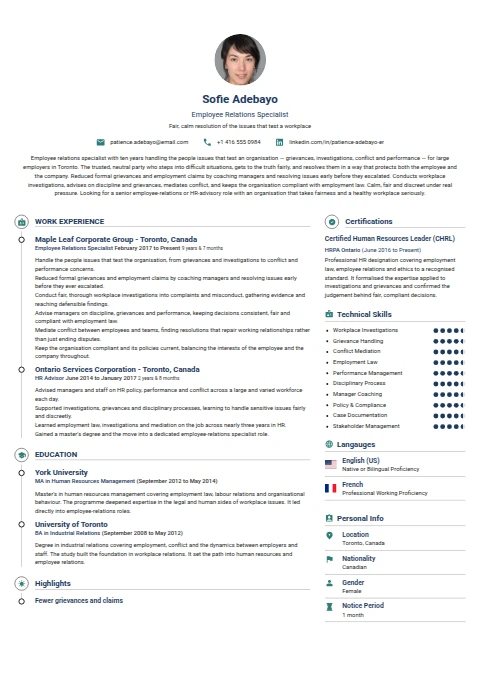 Employee Relations Specialist resume example