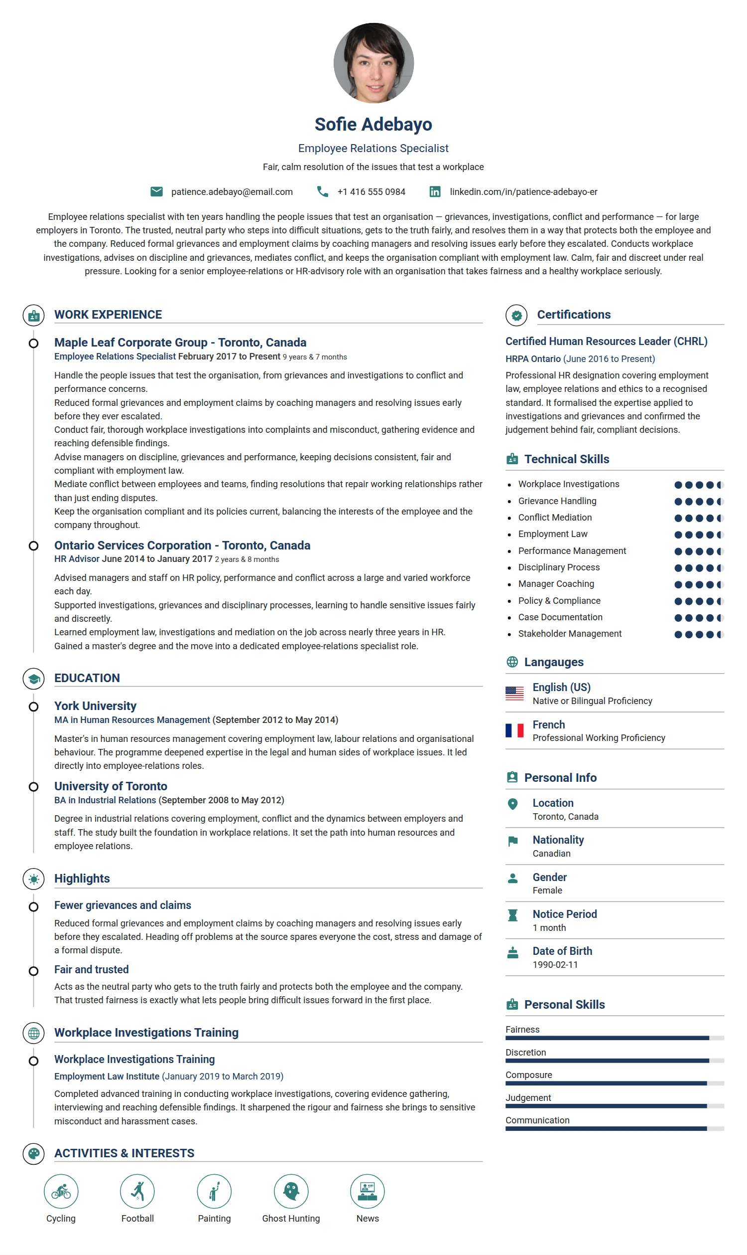 Employee Relations Specialist resume example — a professionally formatted Human Resources CV sample