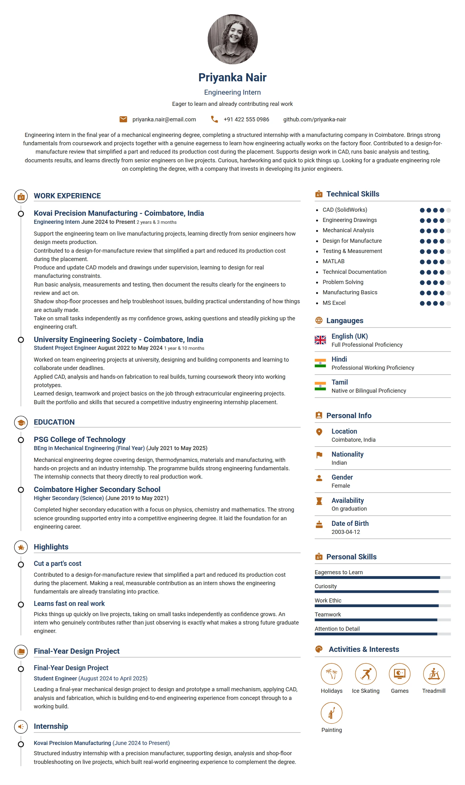 Engineer Intern resume example — a professionally formatted Engineering CV sample