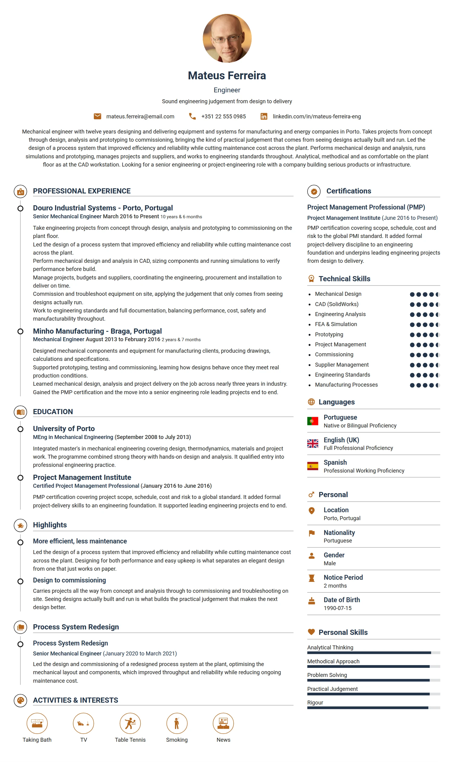Engineer resume example — a professionally formatted Engineering CV sample