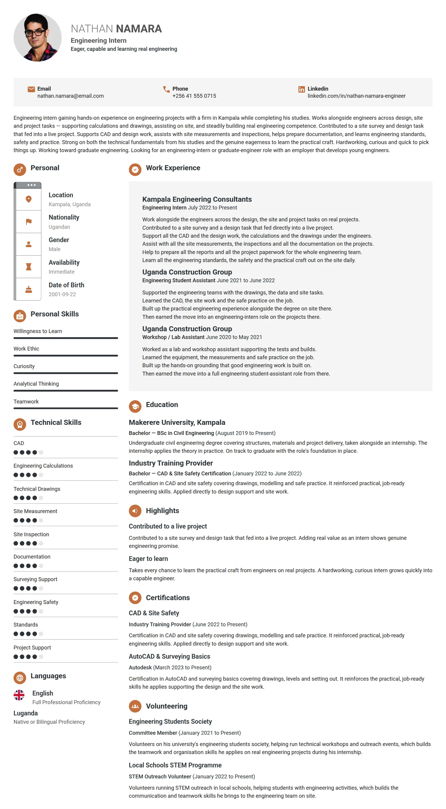 Engineering Intern resume example — a professionally formatted Engineering CV sample