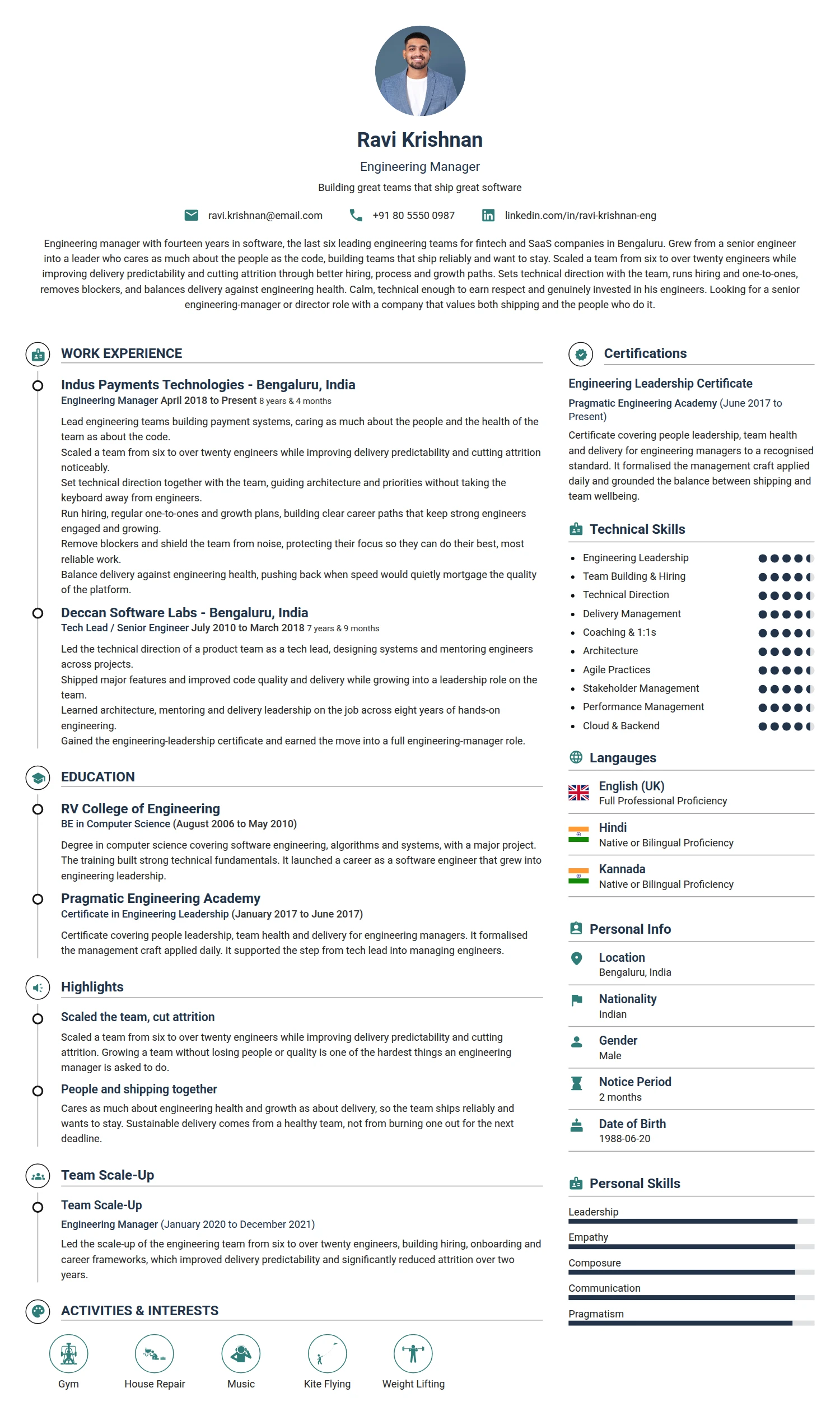 Engineering Manager resume example — a professionally formatted Business Management CV sample