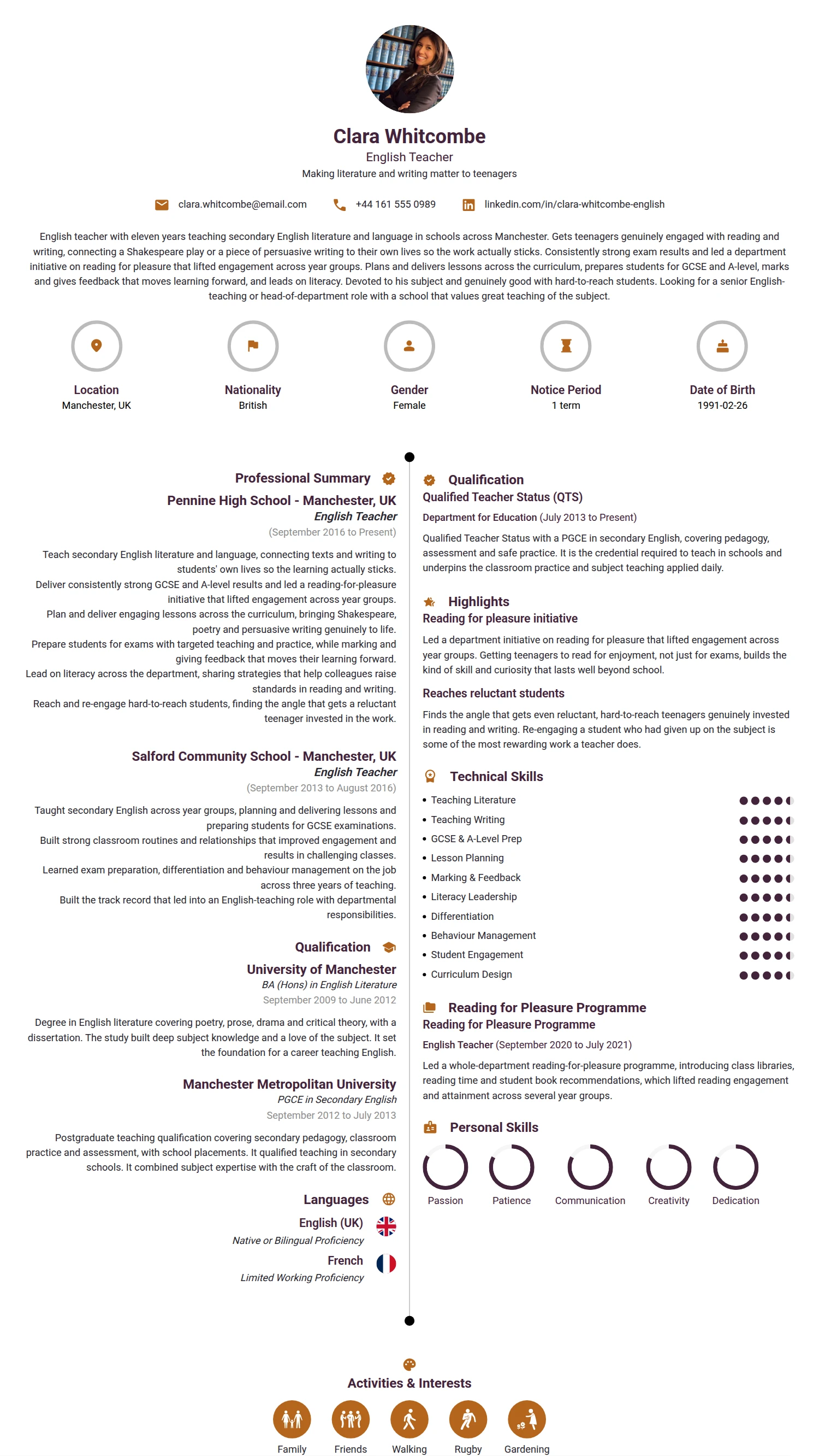English Teacher resume example — a professionally formatted Education CV sample
