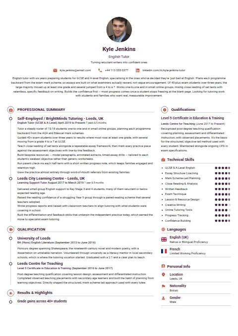 English Tutor resume example