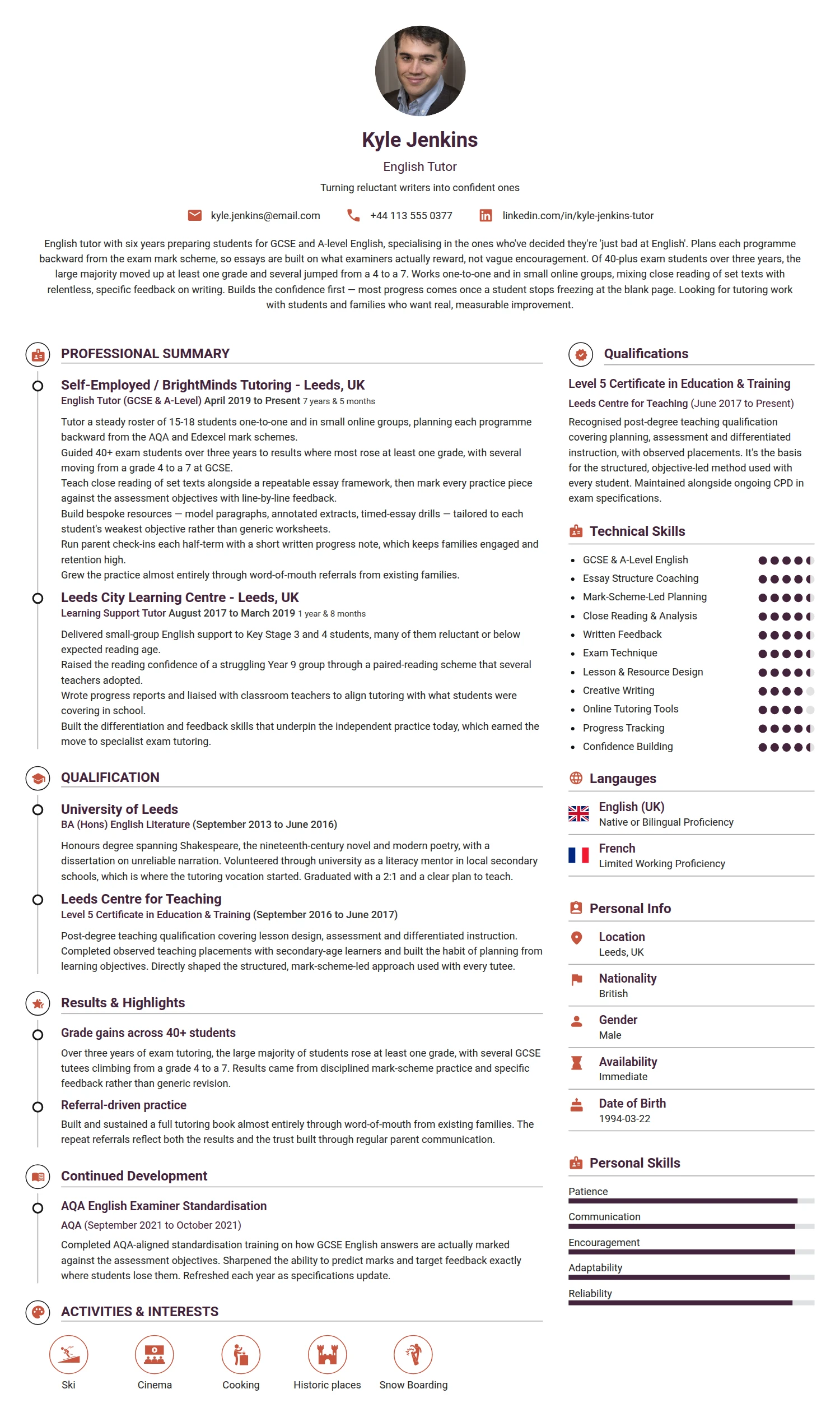 English Tutor resume example — a professionally formatted Education CV sample