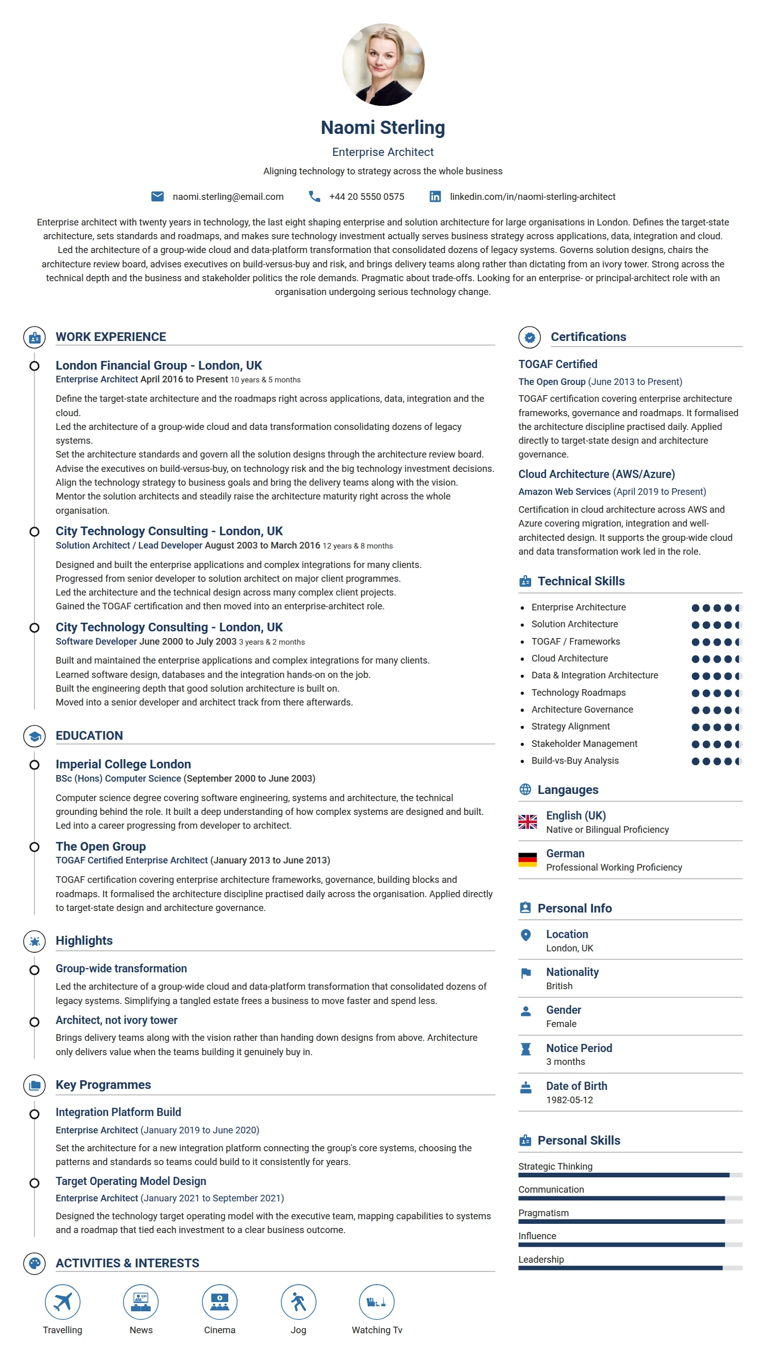 Enterprise Architect resume example — a professionally formatted Software Development & IT CV sample
