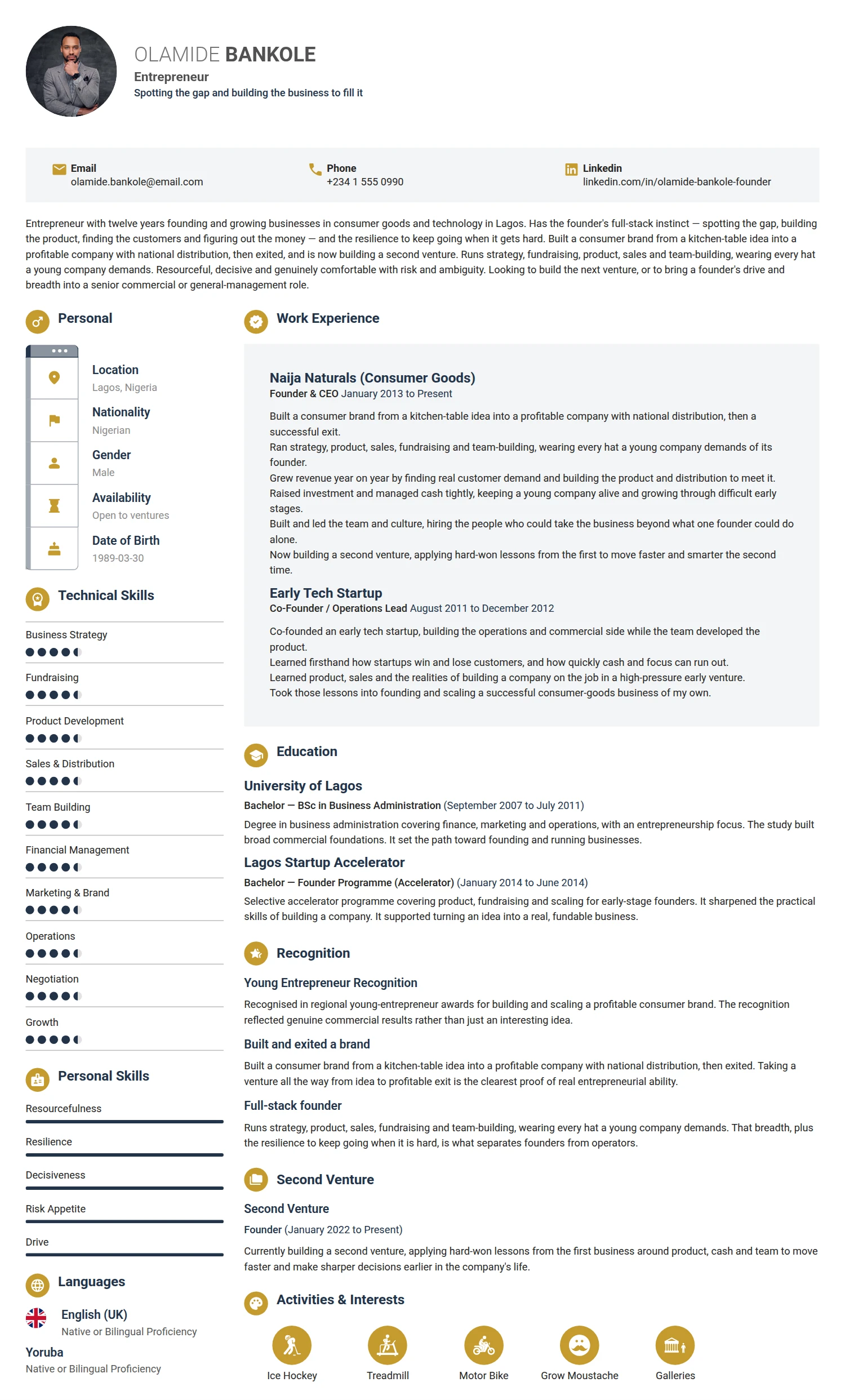 Entrepreneur resume example — a professionally formatted Business Management CV sample