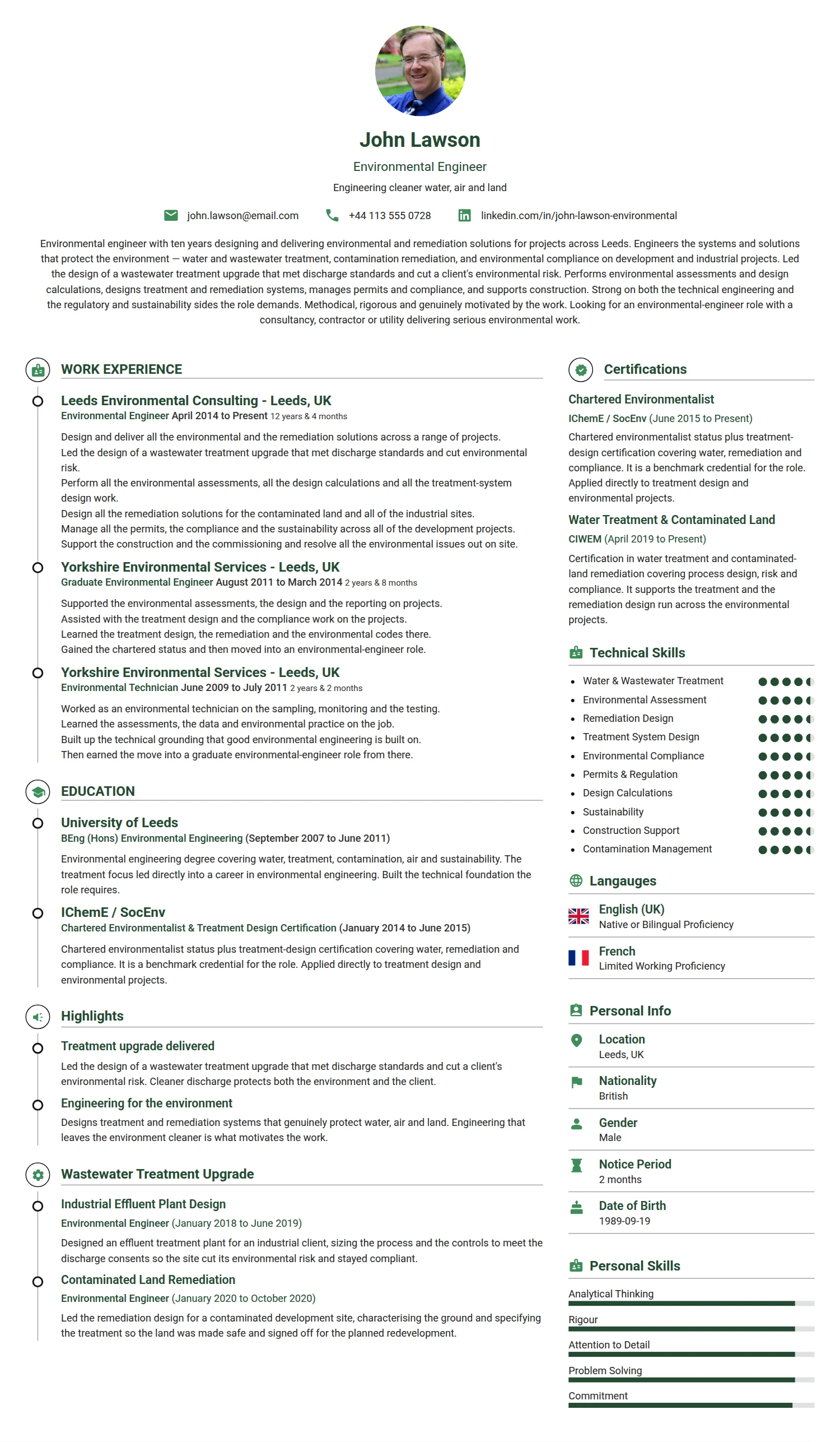Environmental Engineer resume example — a professionally formatted Engineering CV sample
