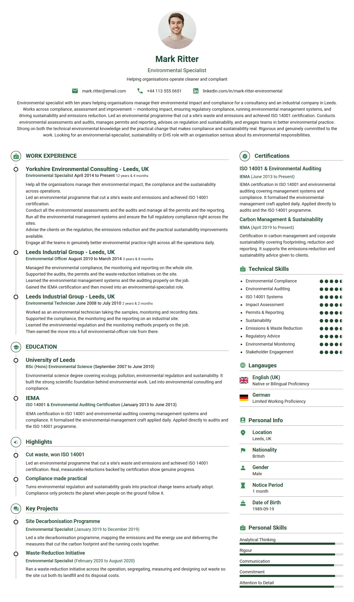 Environmental Specialist resume example — a professionally formatted Science & Research CV sample