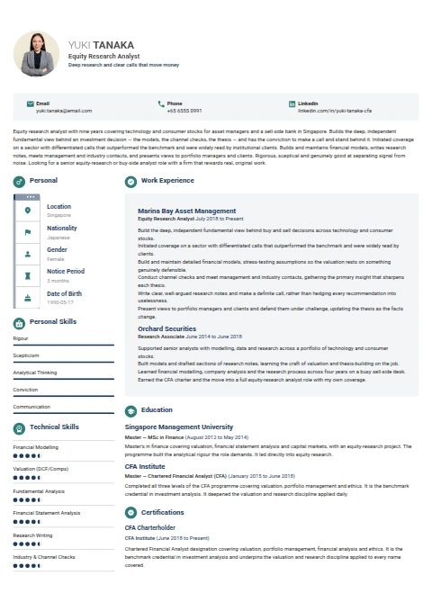 Equity Research Analyst resume example — a professionally formatted Financial Services & Banking CV sample