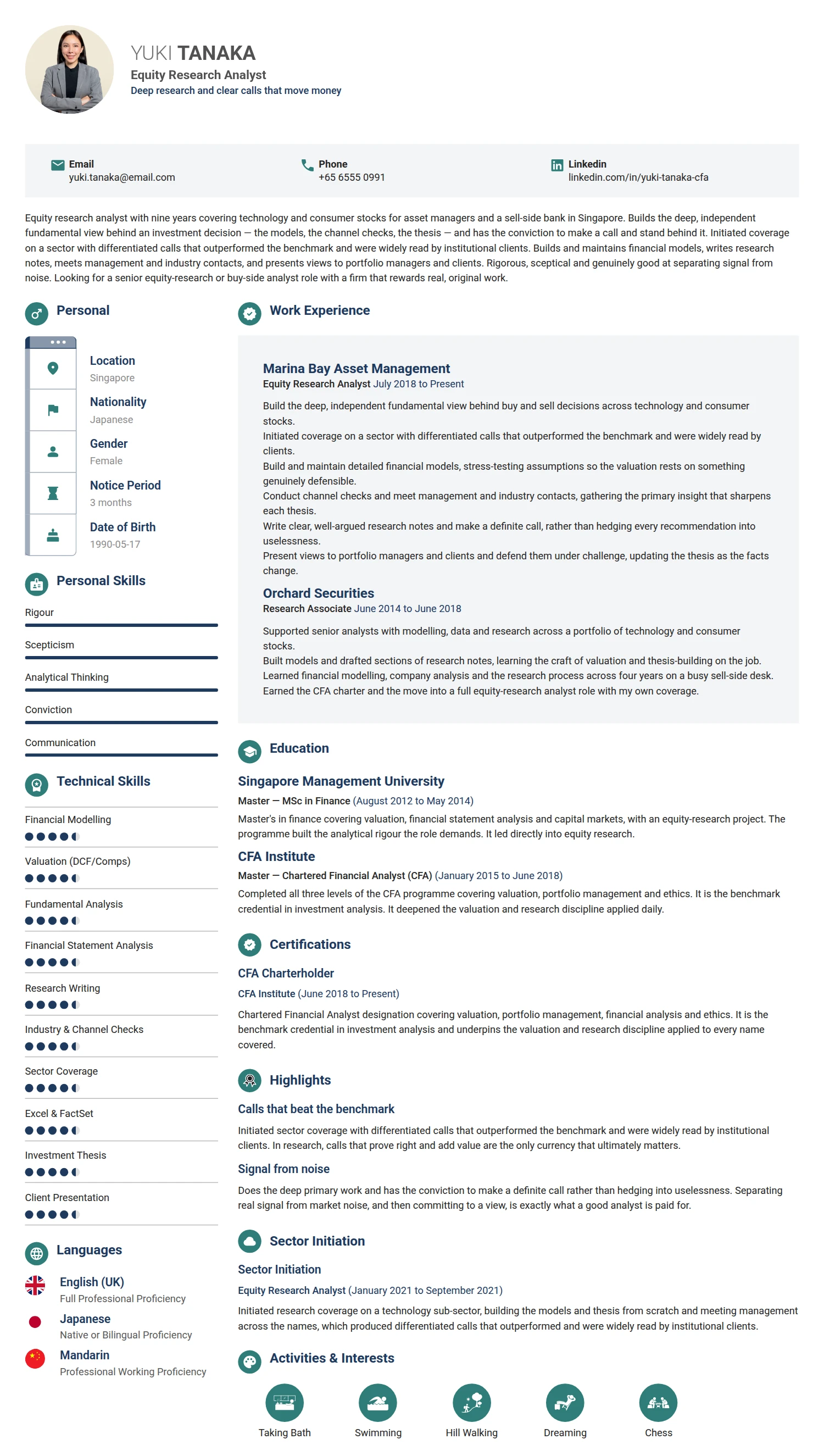 Equity Research Analyst resume example — a professionally formatted Financial Services & Banking CV sample