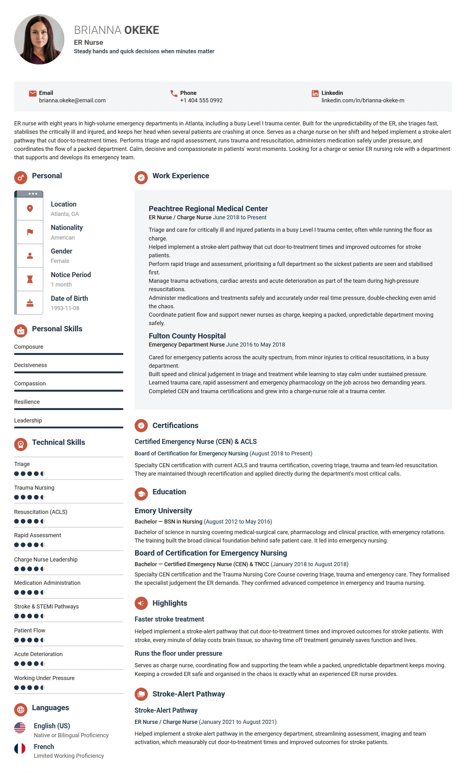 ER Nurse resume example — a professionally formatted Medical & Healthcare CV sample