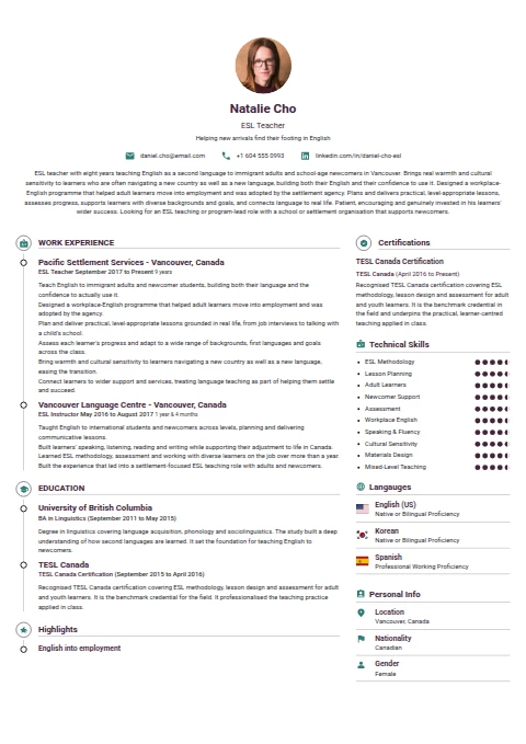 ESL Teacher resume example