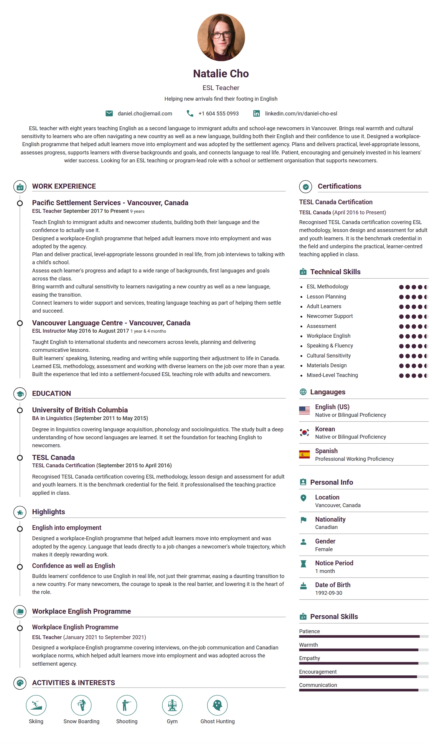 ESL Teacher resume example — a professionally formatted Education CV sample