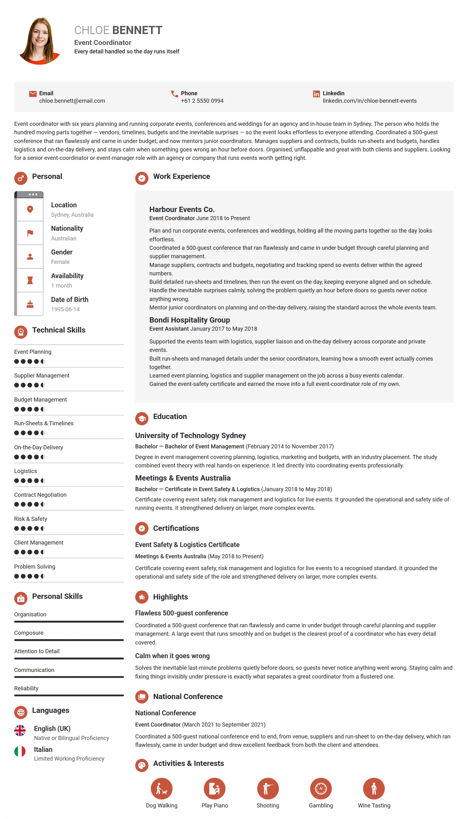 Event Coordinator resume example — a professionally formatted Administration CV sample