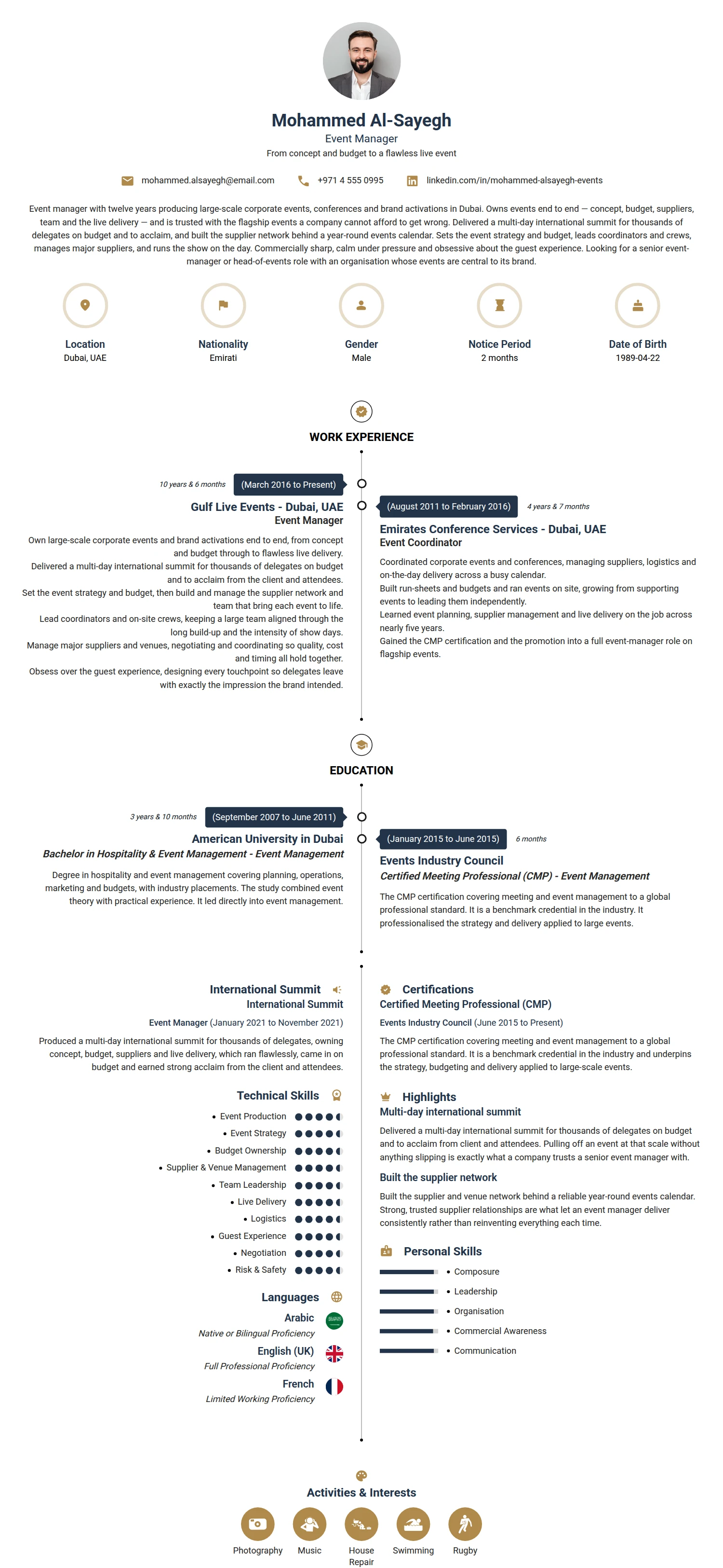 Event Manager resume example — a professionally formatted Hospitality CV sample