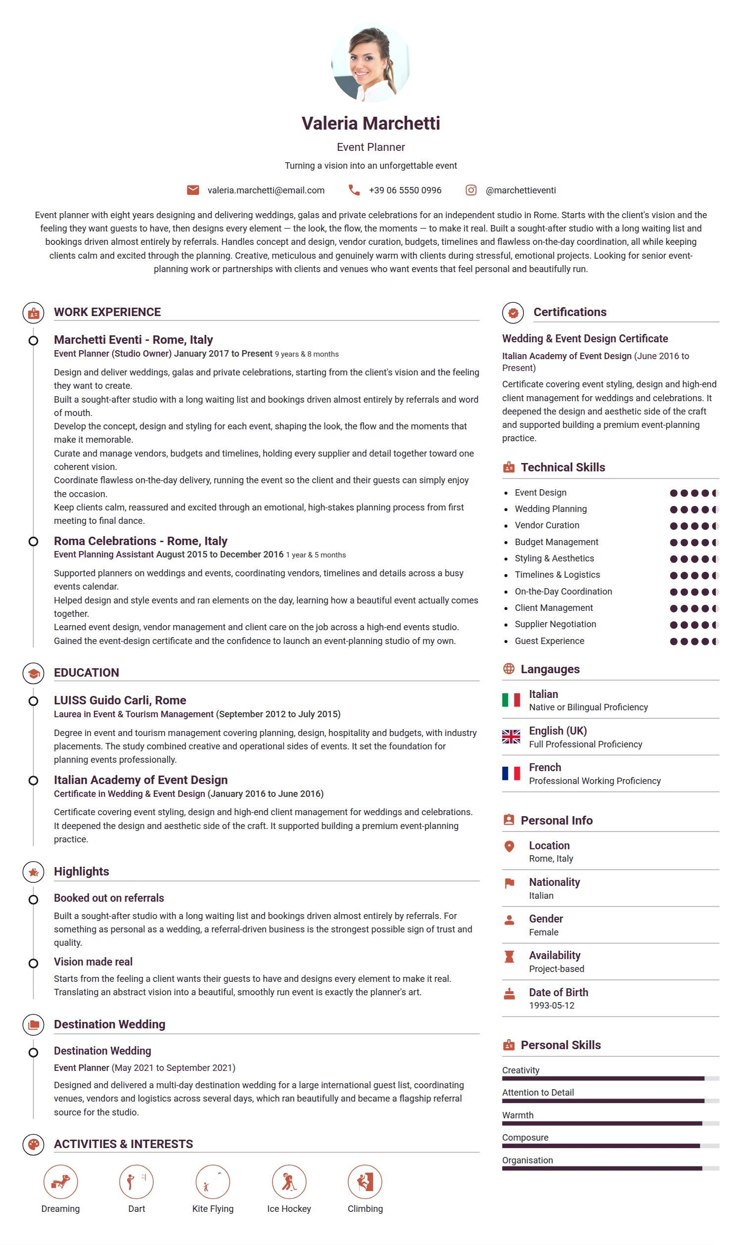 Event Planner resume example — a professionally formatted Business Management CV sample