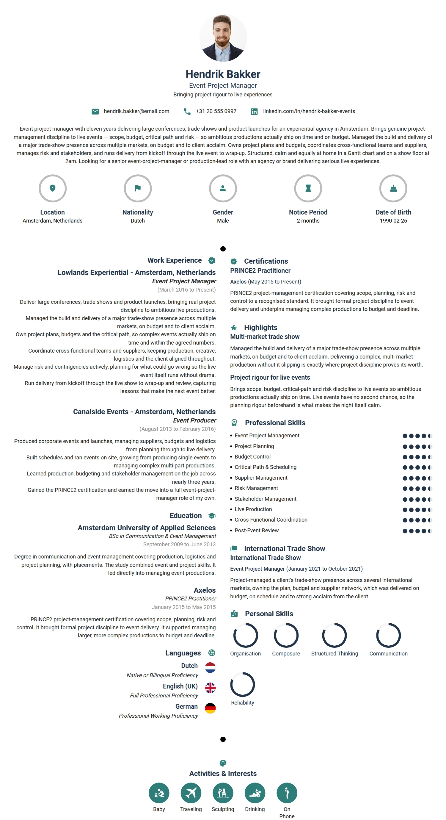 Event Project Manager resume example — a professionally formatted Hospitality CV sample
