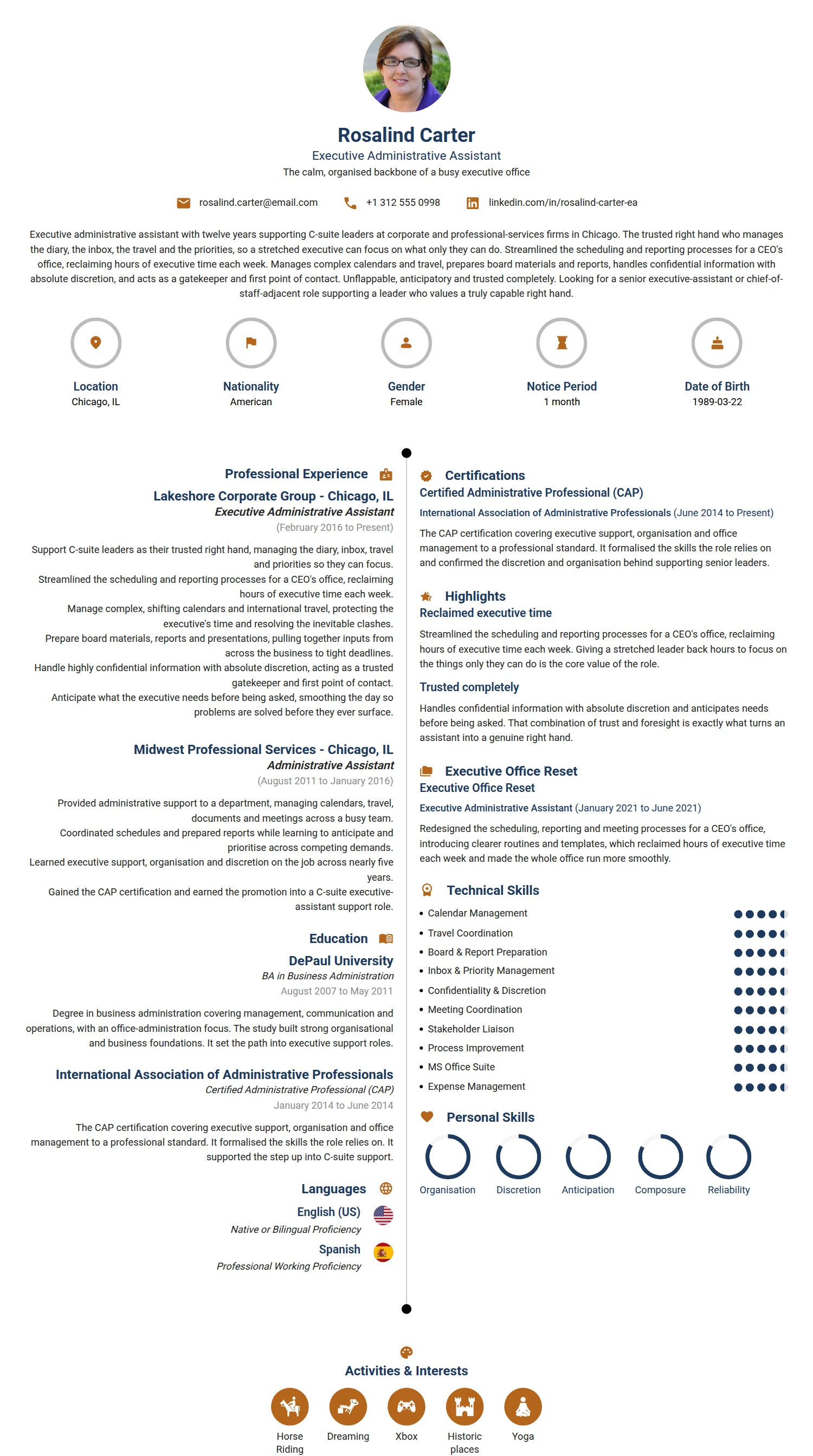 Executive Administrative Assistant resume example — a professionally formatted Administration CV sample