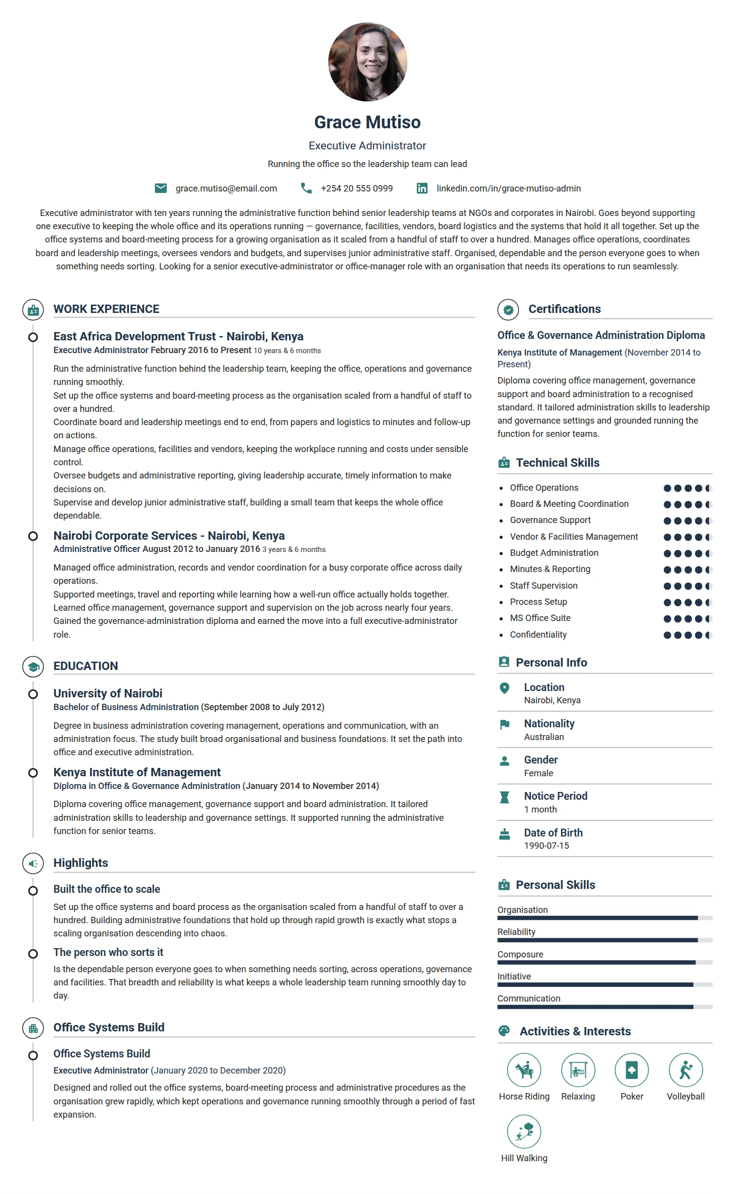Executive Administrator resume example — a professionally formatted Administration CV sample
