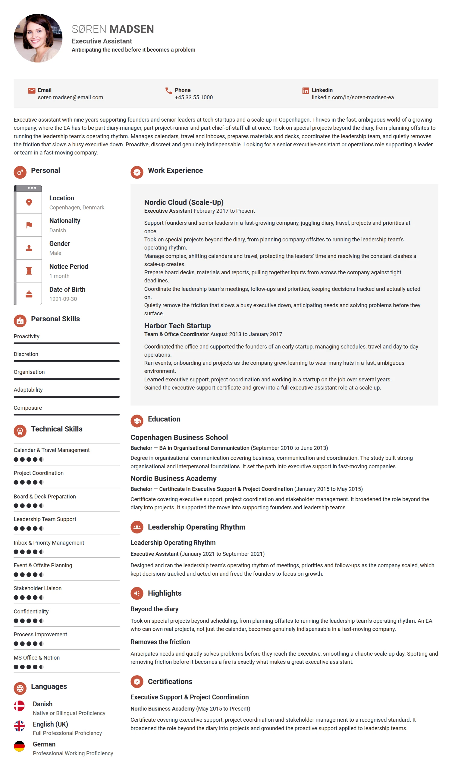 Executive Assistant resume example — a professionally formatted Administration CV sample