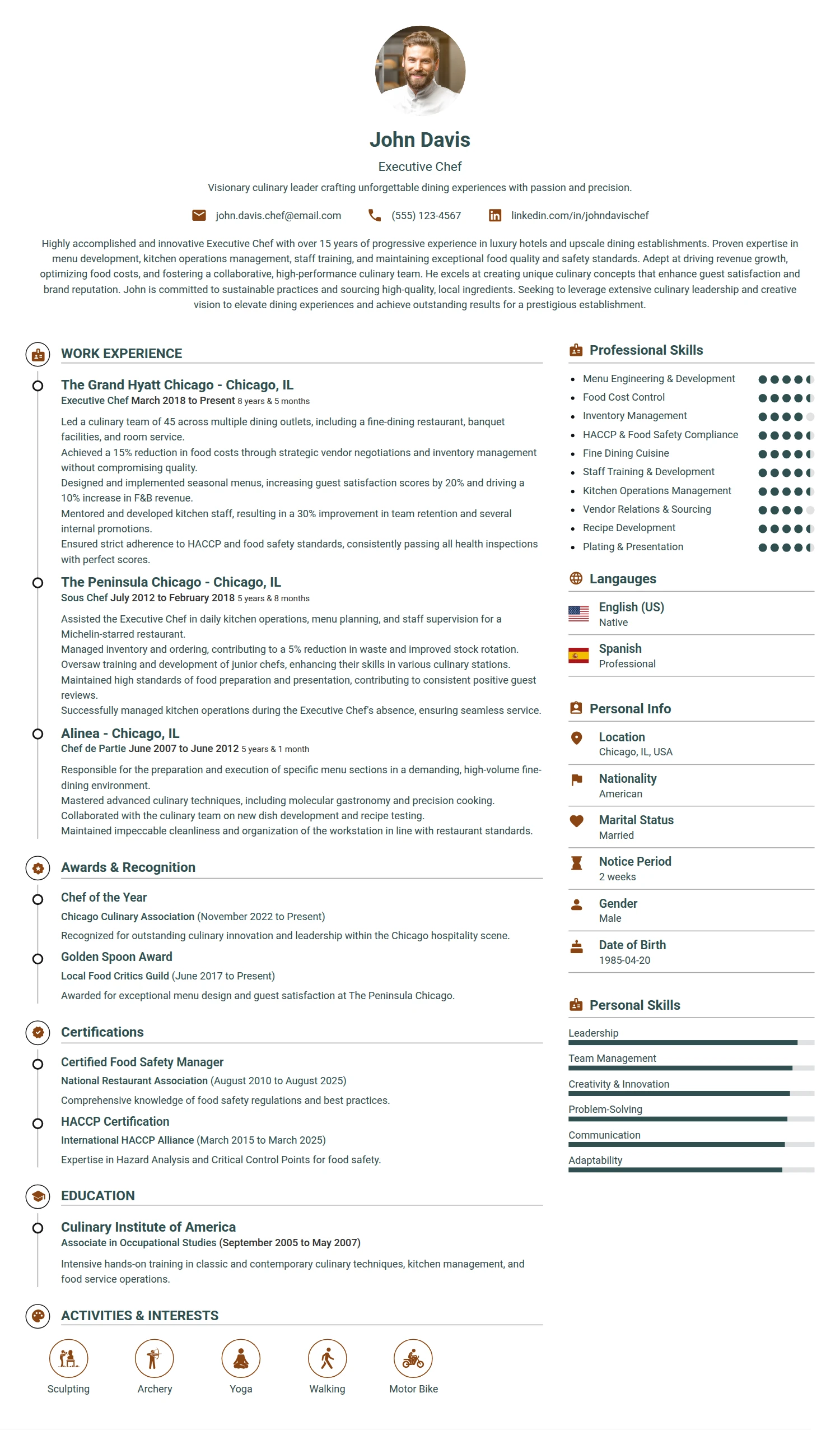 Executive Chef resume example — a professionally formatted Hospitality CV sample