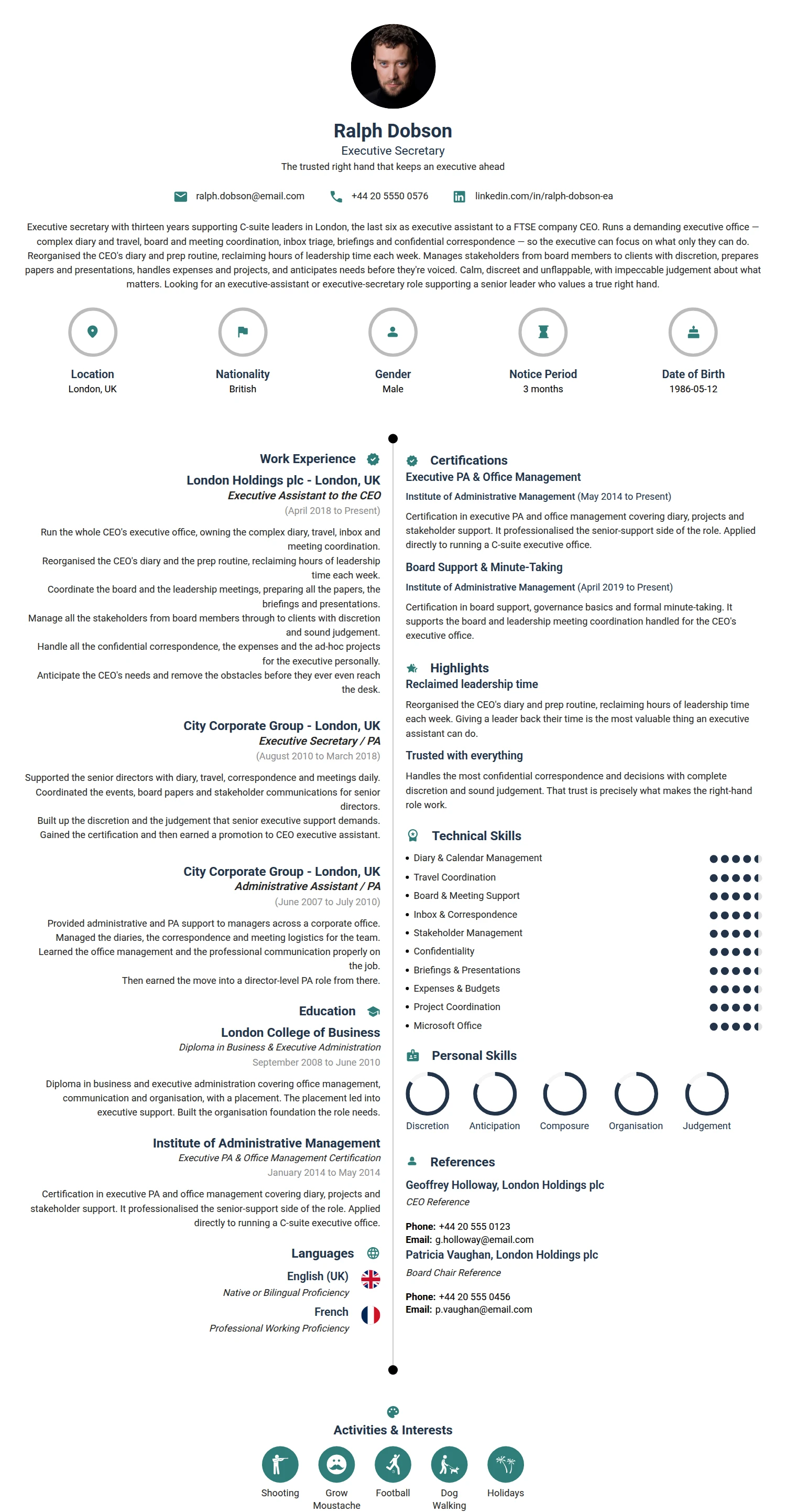 Executive Secretary resume example — a professionally formatted Administration CV sample