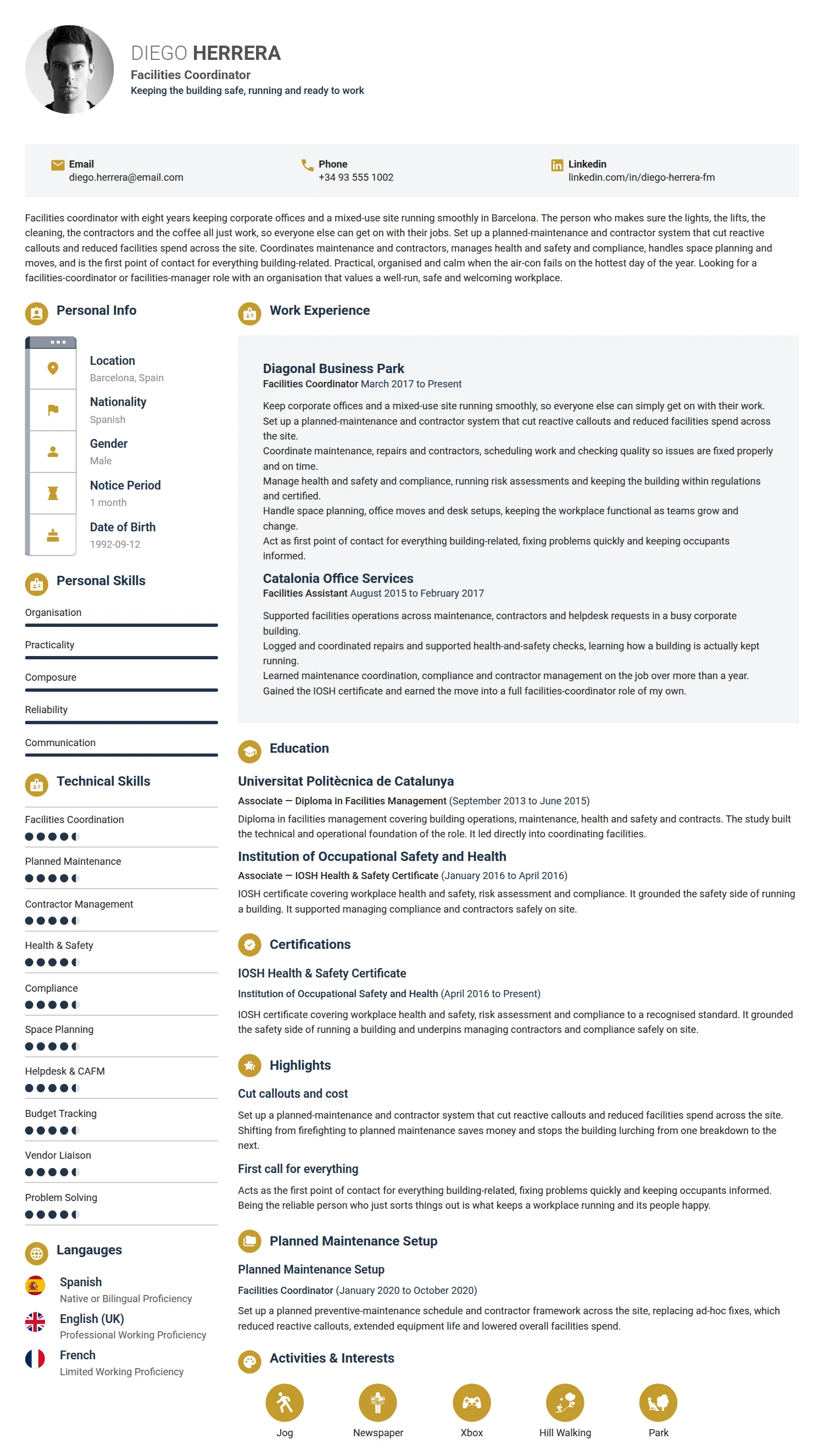 Facilities Coordinator resume example — a professionally formatted Administration CV sample