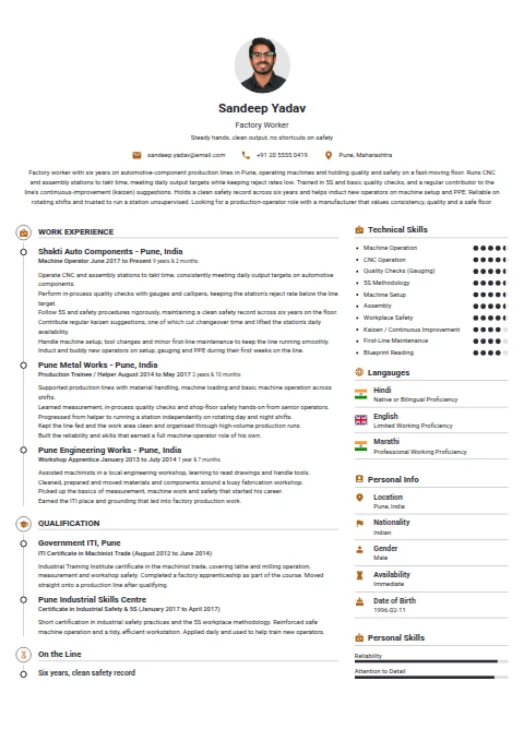 Factory Worker resume example — a professionally formatted Administration CV sample