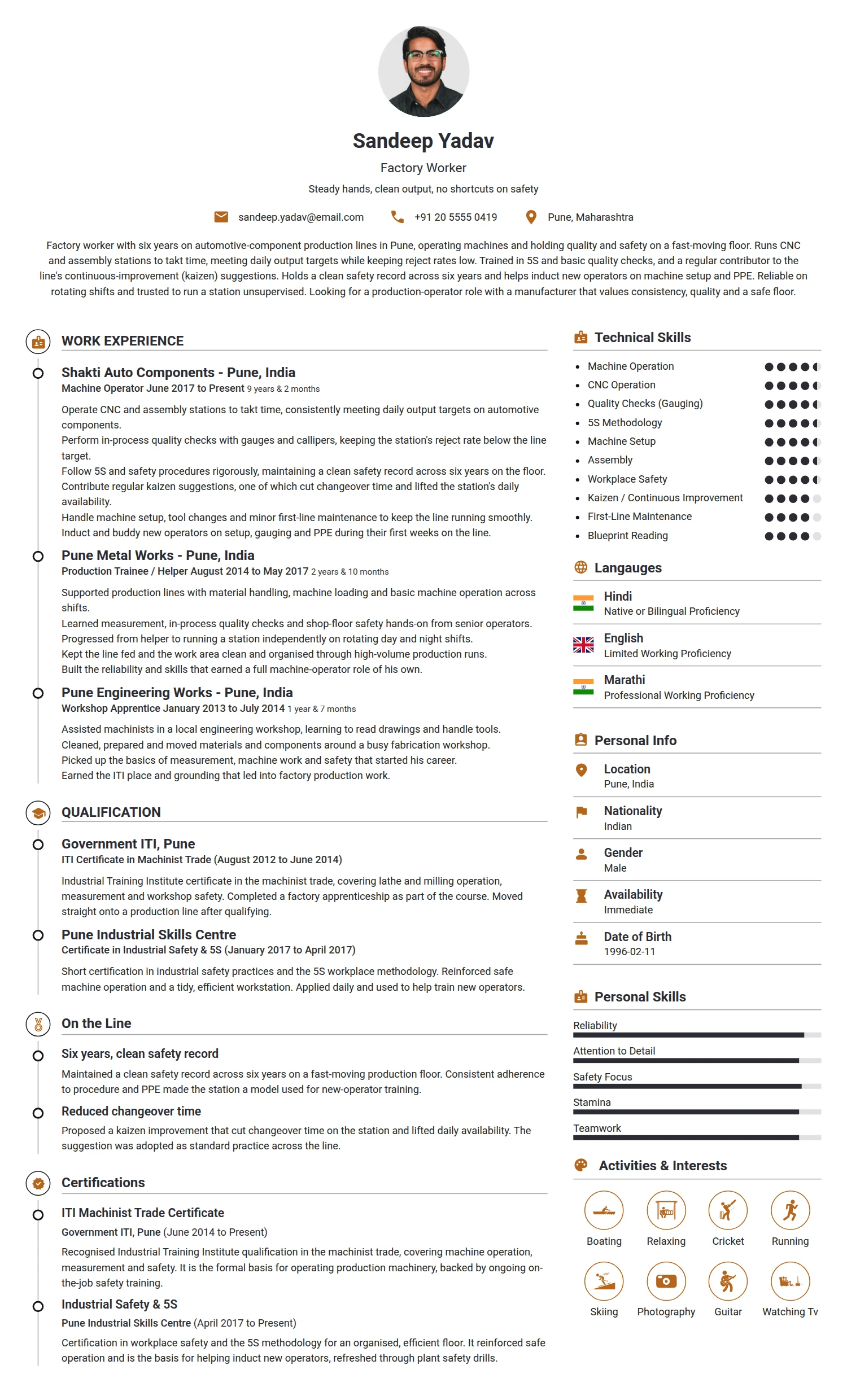 Factory Worker resume example — a professionally formatted Administration CV sample