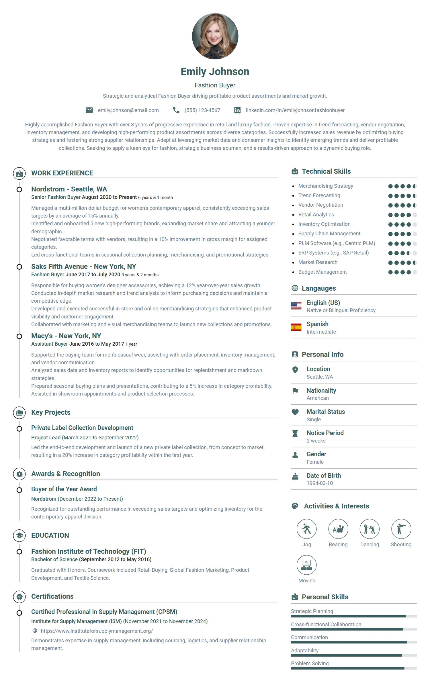 Fashion Buyer resume example — a professionally formatted Art/Creative/Design CV sample