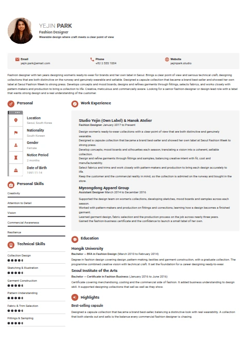 Fashion Designer resume example