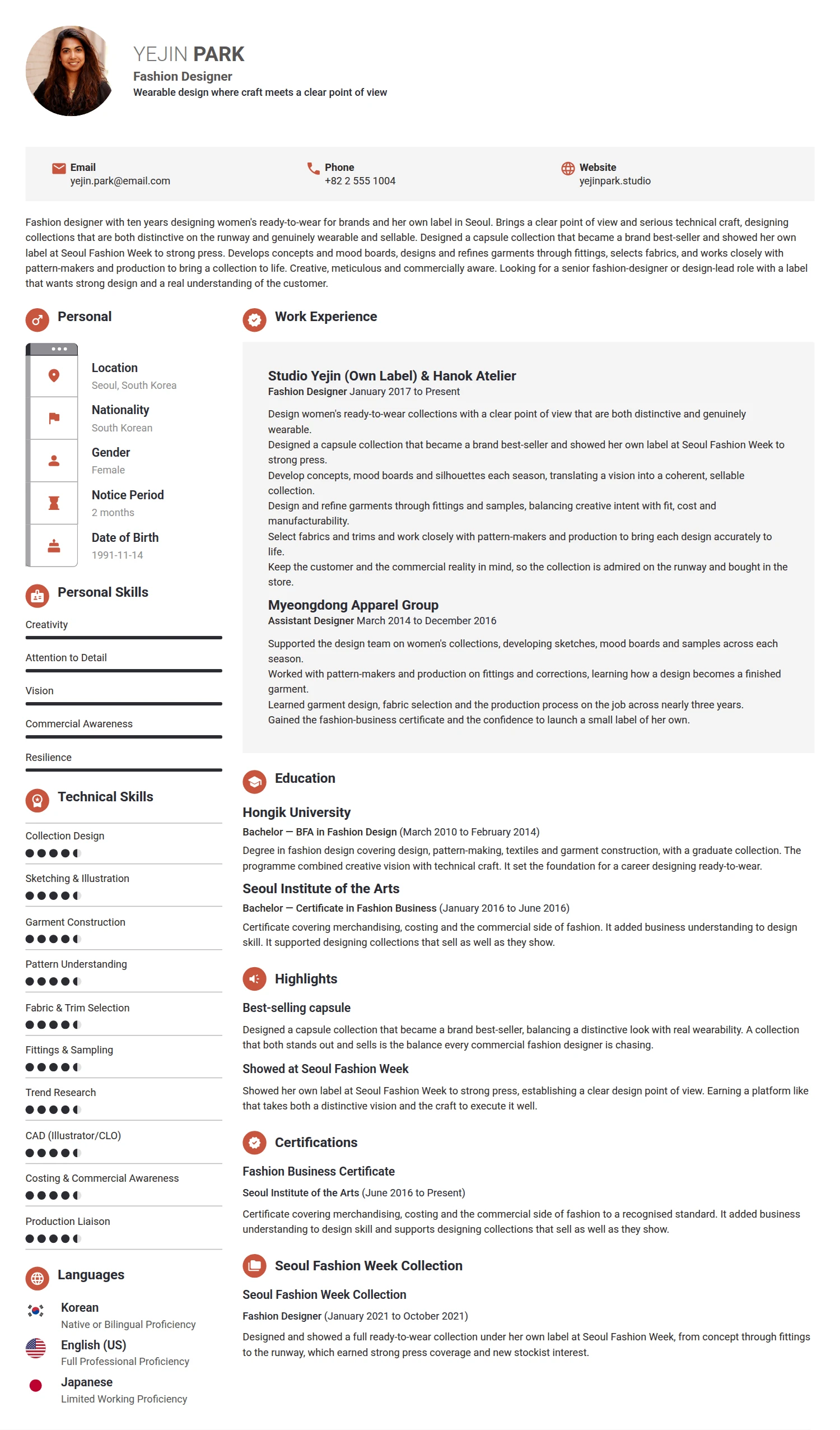 Fashion Designer resume example — a professionally formatted Art/Creative/Design CV sample