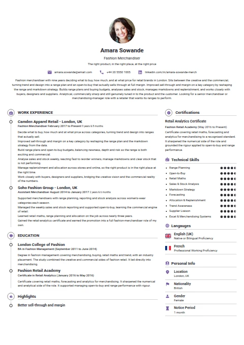 Fashion Merchandiser resume example