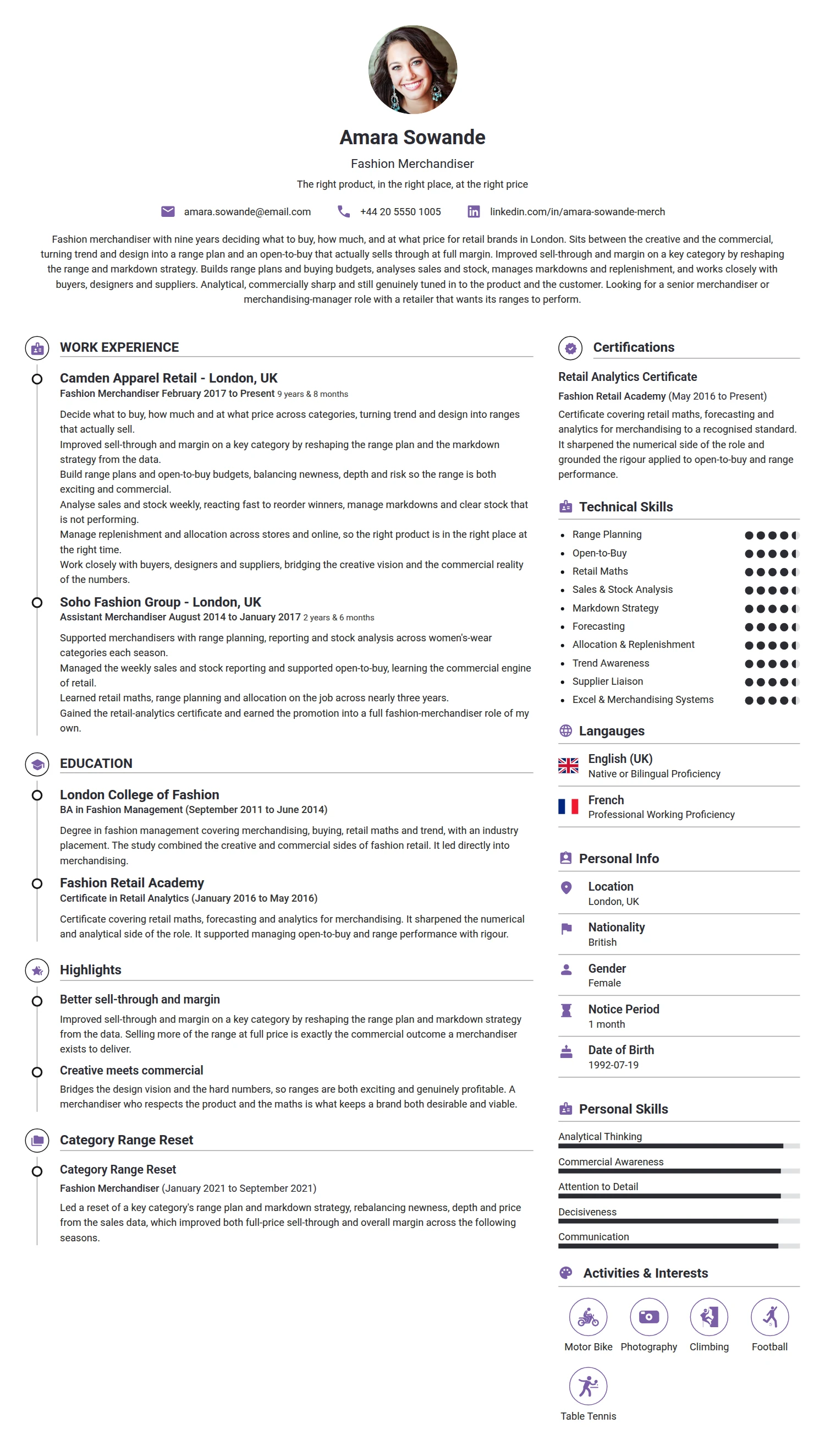Fashion Merchandiser resume example — a professionally formatted Logistics/Supply Chain CV sample