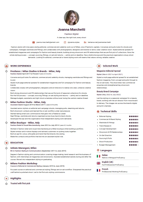 Fashion Stylist resume example