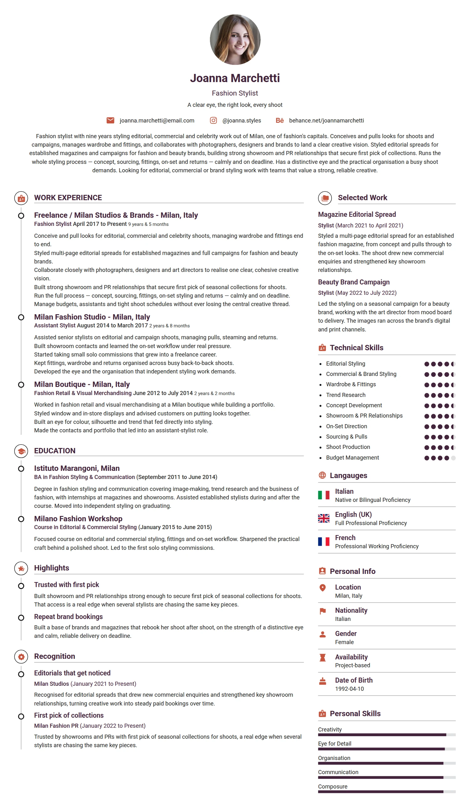 Fashion Stylist resume example — a professionally formatted Art/Creative/Design CV sample