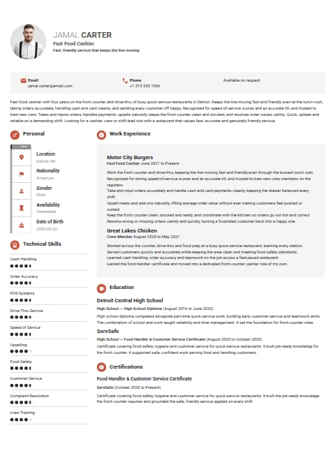 Fast Food Cashier resume example