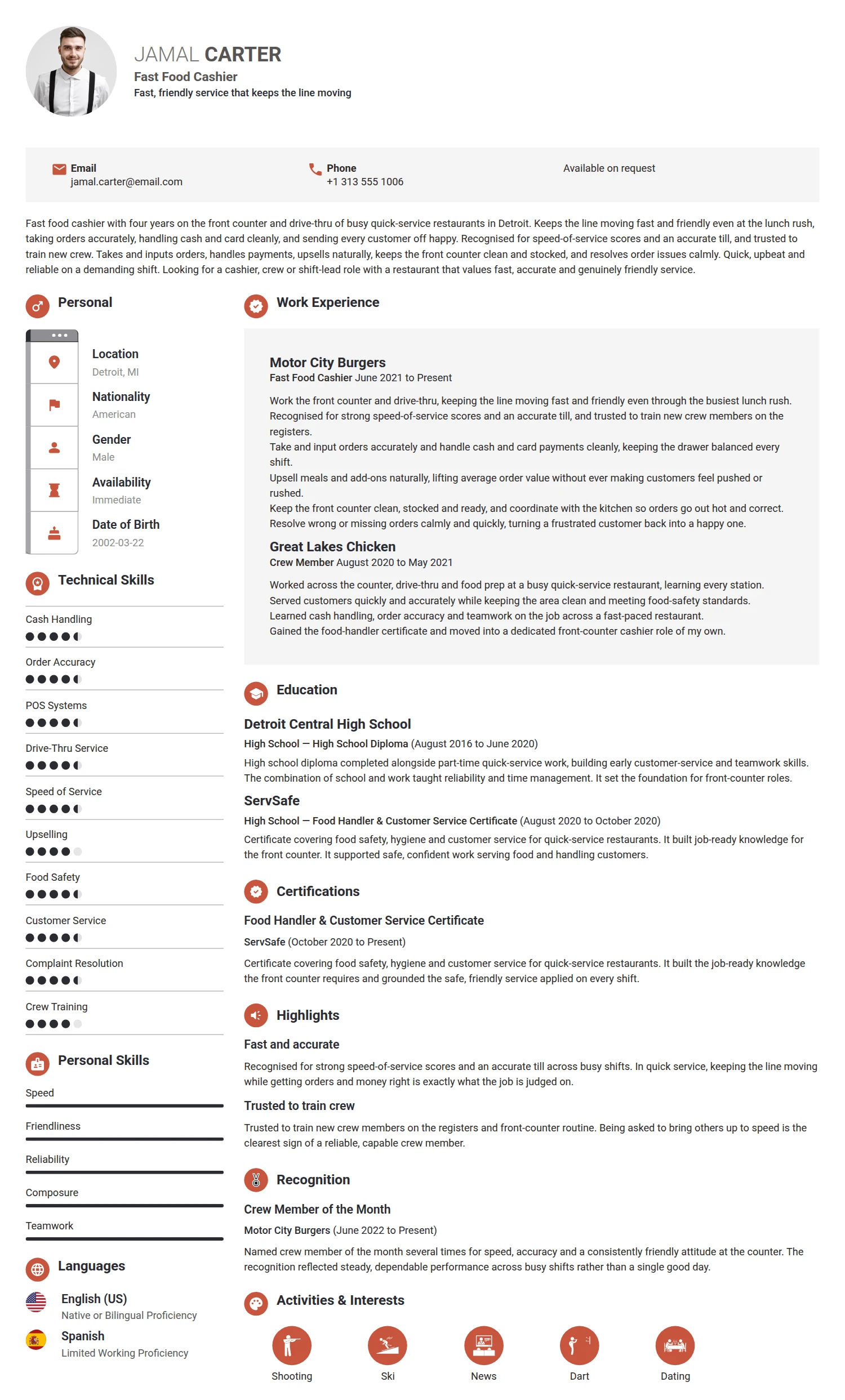 Fast Food Cashier resume example — a professionally formatted Accounting/Auditing CV sample