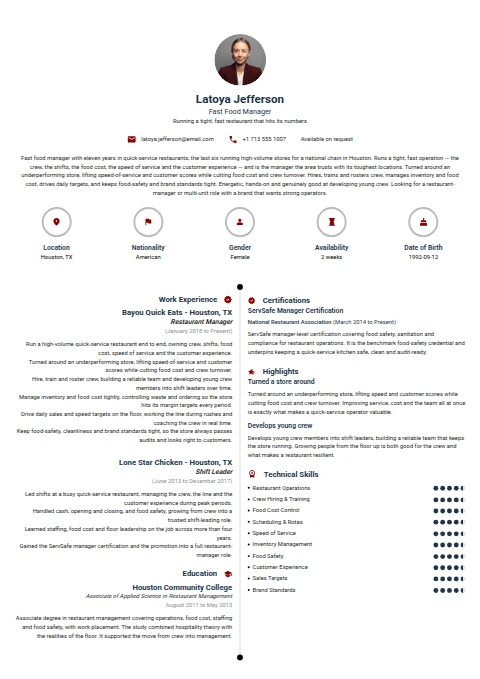 Fast Food Manager resume example