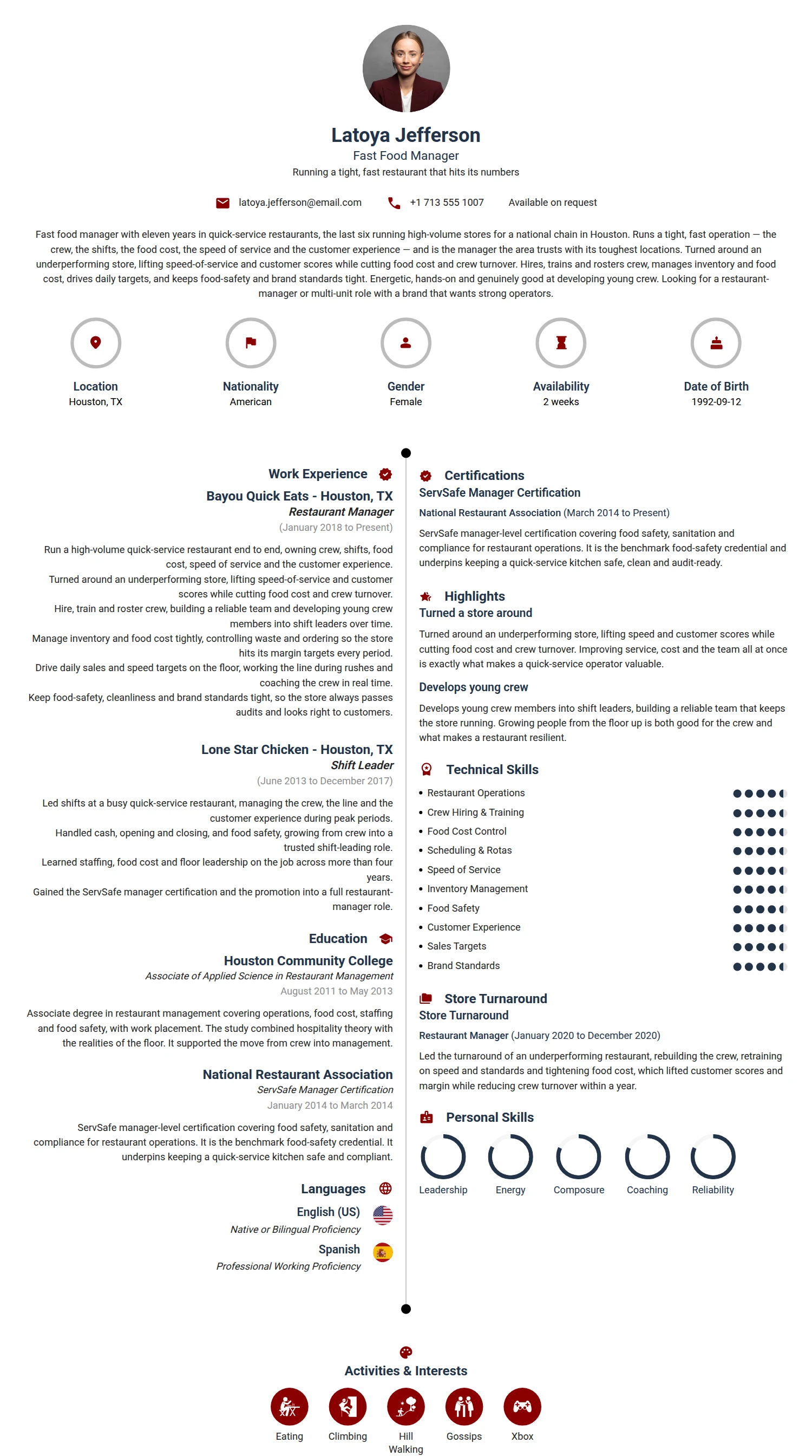 Fast Food Manager resume example — a professionally formatted Hospitality CV sample