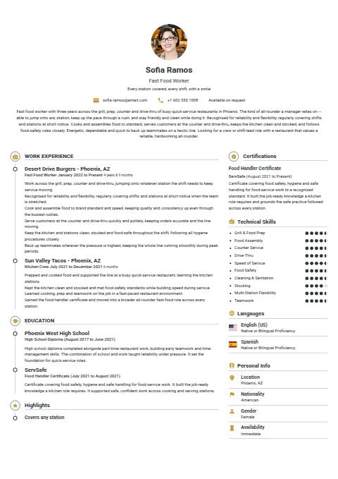 Fast Food Worker resume example