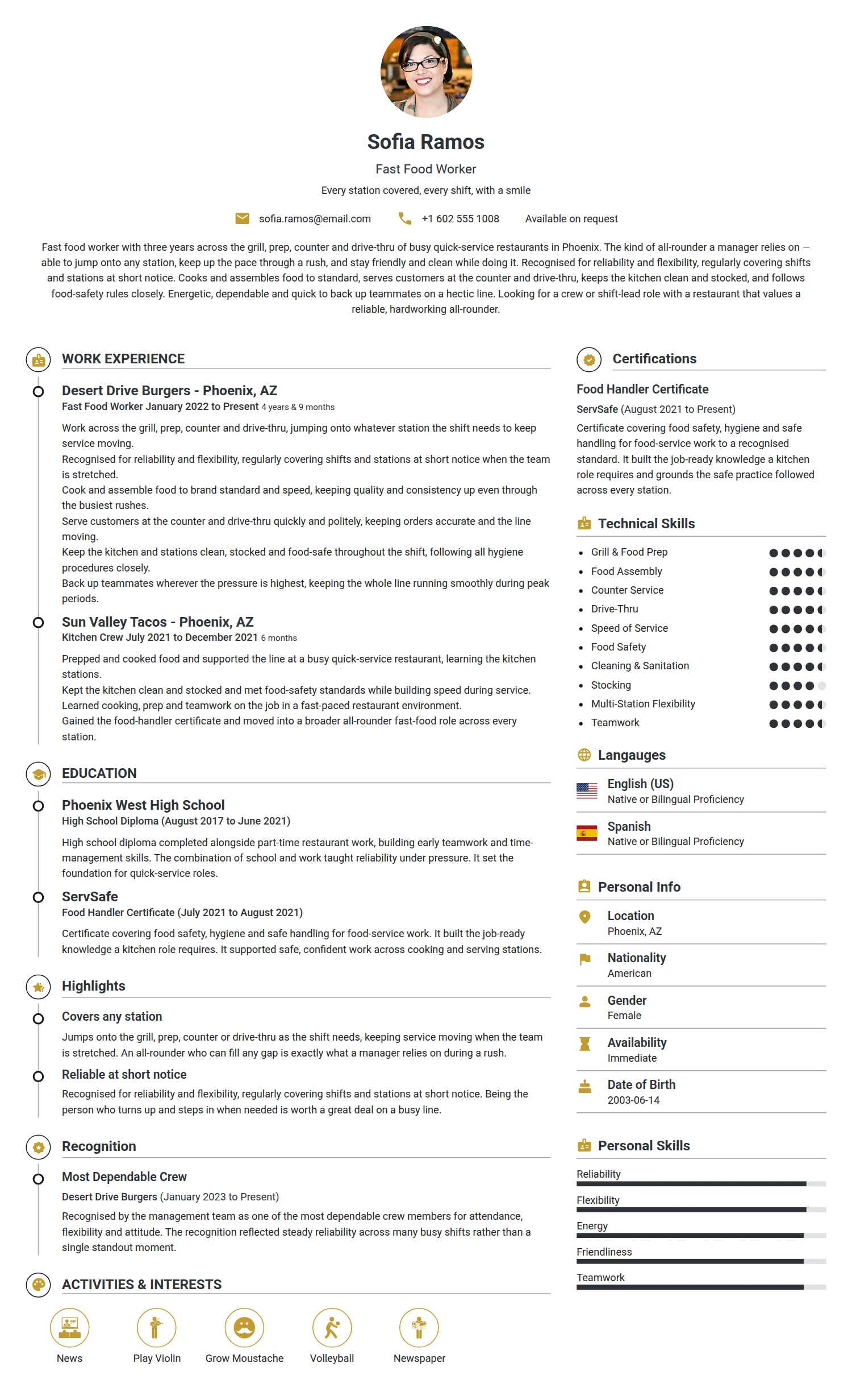 Fast Food Worker resume example — a professionally formatted Hospitality CV sample