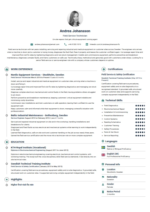 Field Service Technician resume example