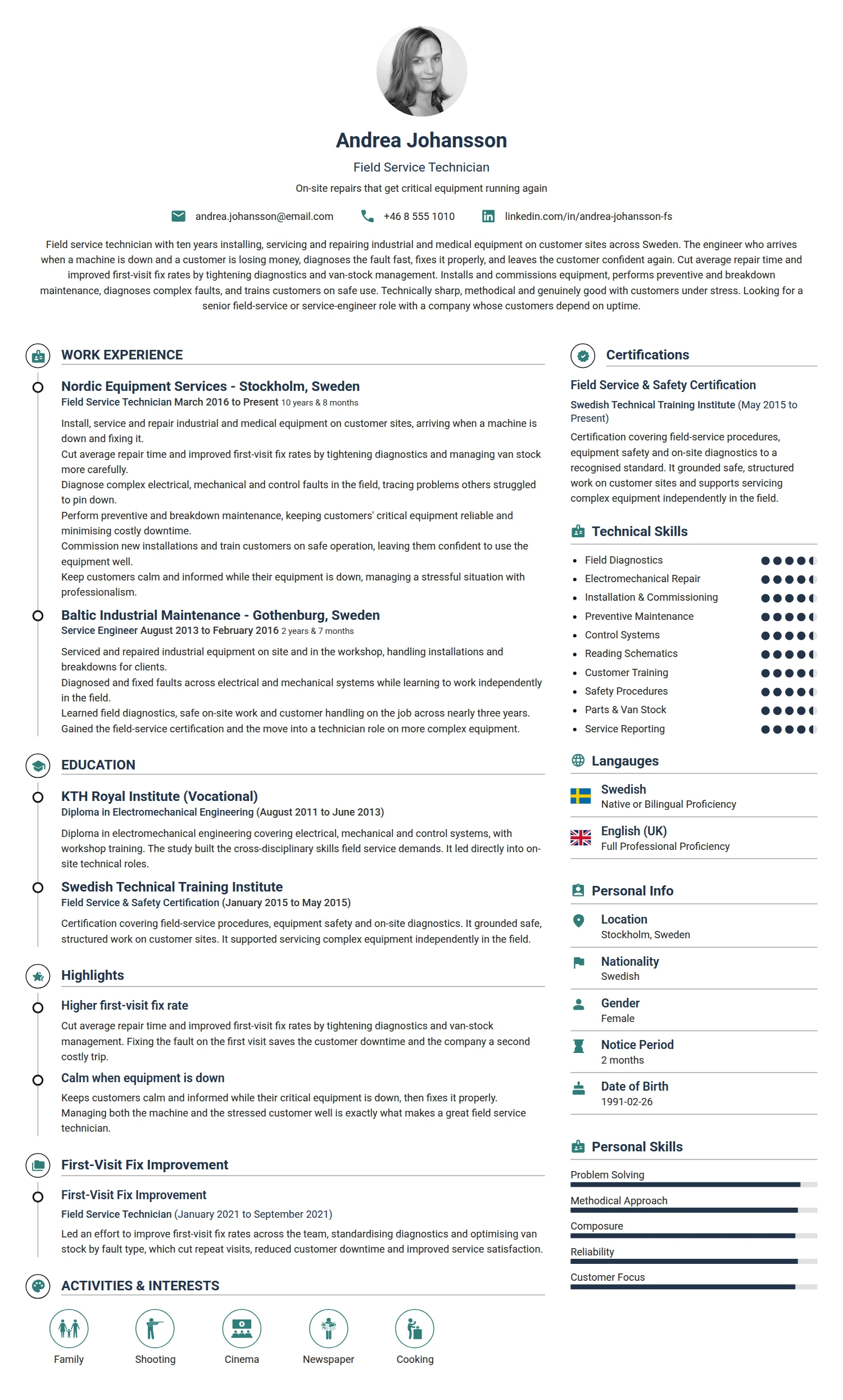 Field Service Technician resume example — a professionally formatted Maintenance/Repair CV sample
