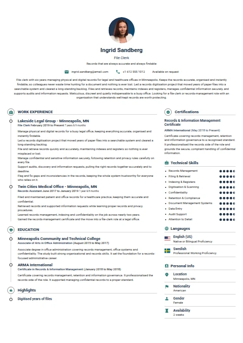 File Clerk resume example