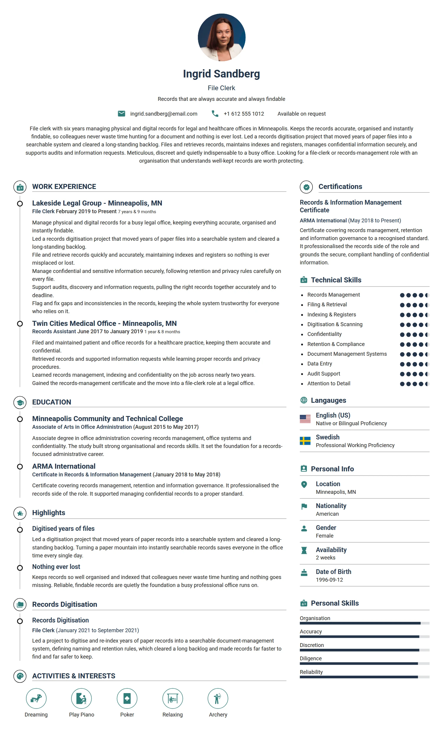 File Clerk resume example — a professionally formatted Administration CV sample